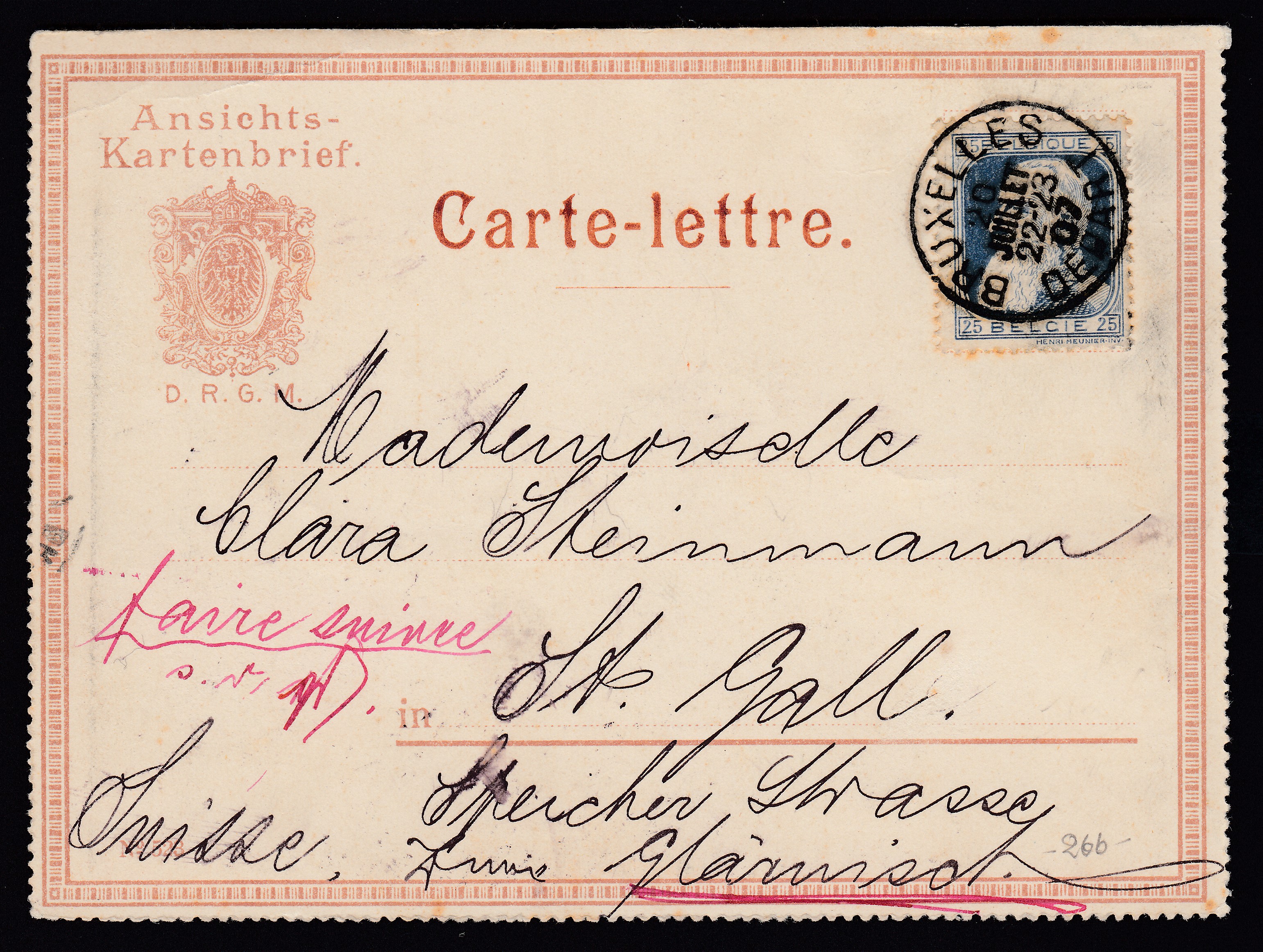 76 sur carte-lettre suisse illustrée « Ansichts-Kartenbrief » de BXL le 20 juillet 1907 vers St-Gall, Suisse.