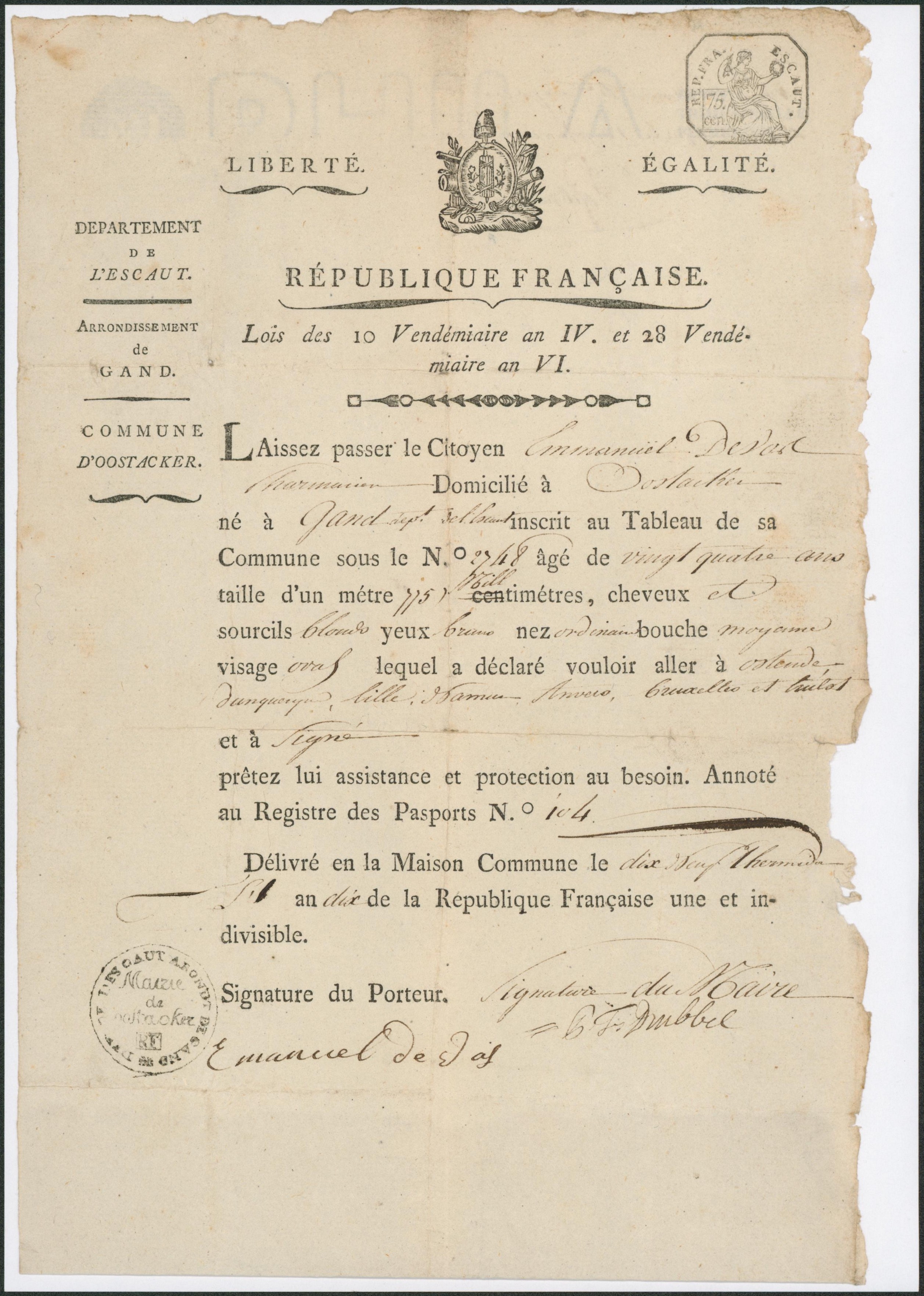 Lettre à en-tête (Arrondissement de Gand, commune d'Oostacker) Laissez passer… Prêtez lui assistance et protection au besoin, signature du porteur. TB