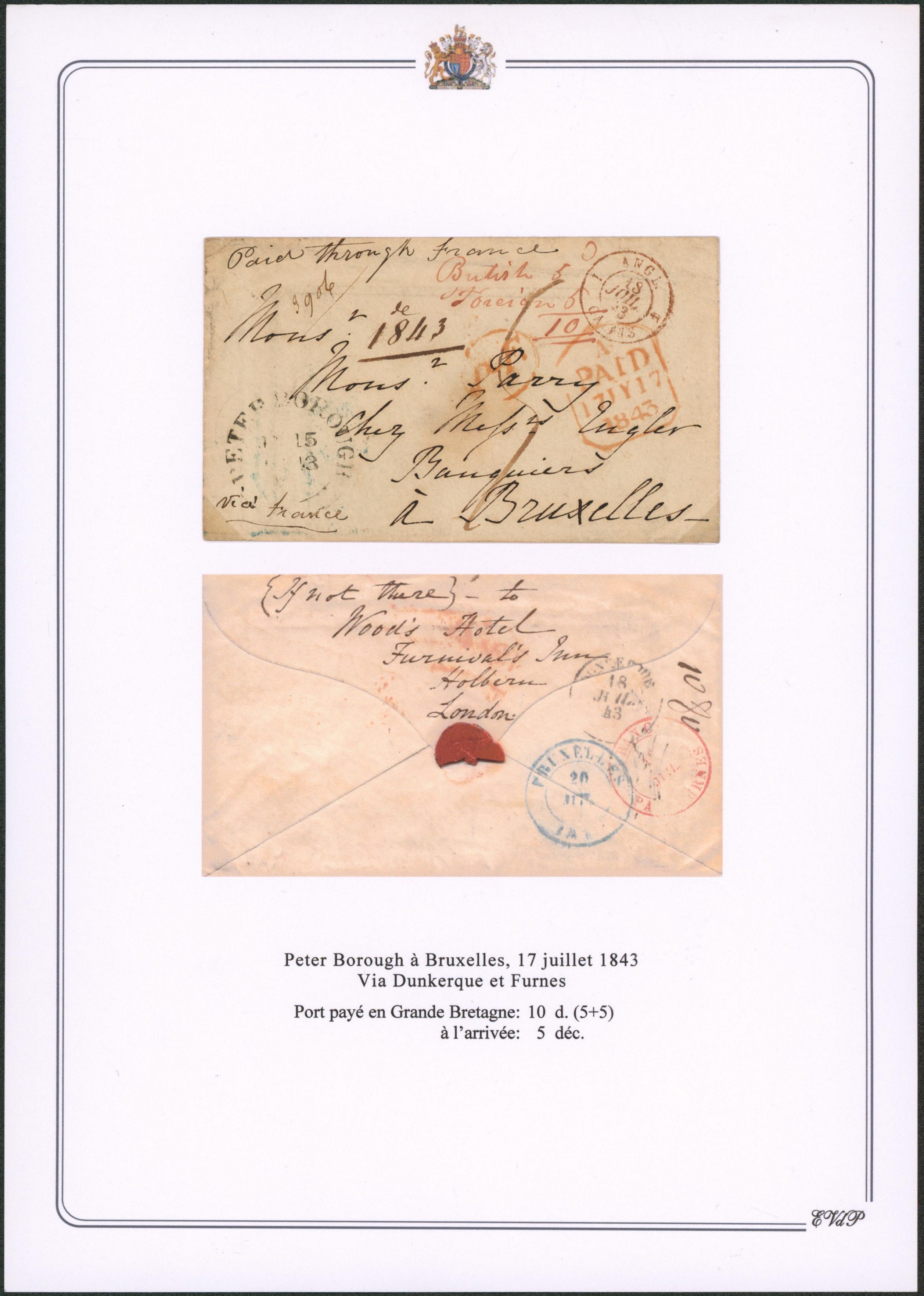 Page de collection - Enveloppe expédié de London (1843) via Dunkerque et furnes > Bruxelles, taxe manuscrite. TB