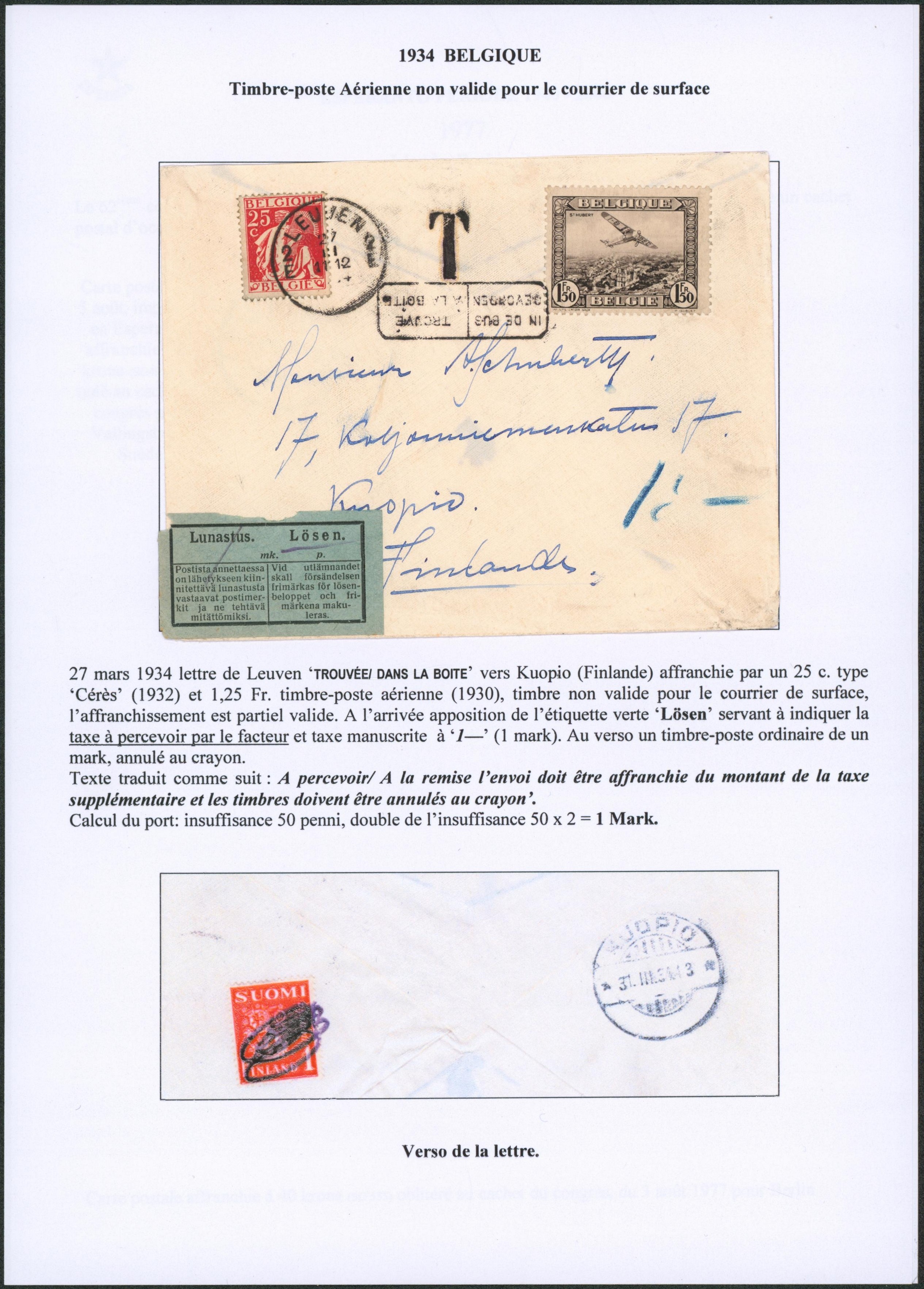 Page de collection - n°339 et PA2 (non valide) sur lettre "trouvé à la boite" de Leuven > Kuopio (Finlande). Arrivée apposition de l'étiquette "Lunastus, Lösen" (+ traduction de l'étiquette), taxe finlandaise au verso !