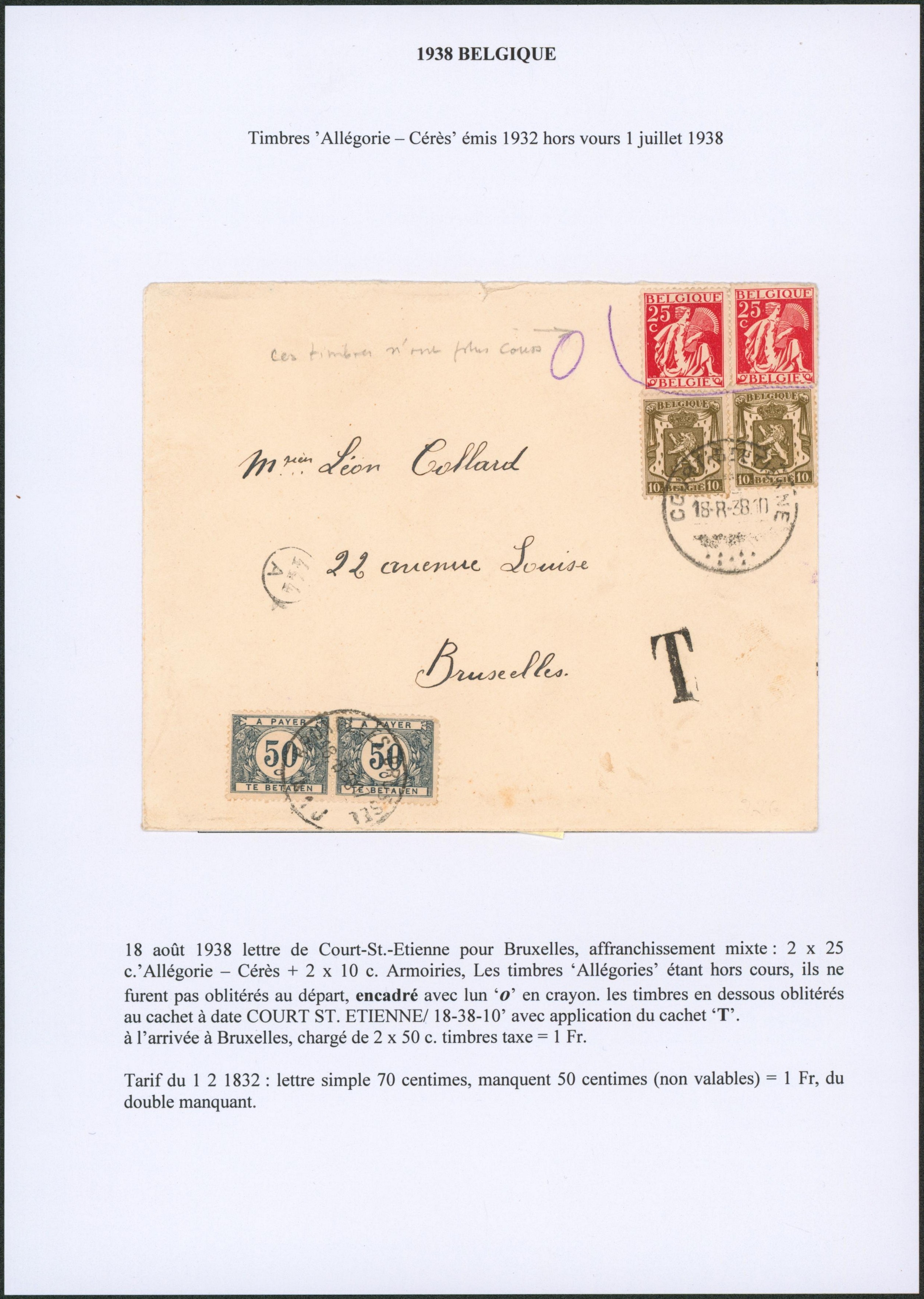 Page de collection - Affranch. Mixte (Petit sceau de l'état, Cérès) expédié de Court-St-Etienne, émission cérès hors cours > Bruxelles, taxé à 1Fr.
