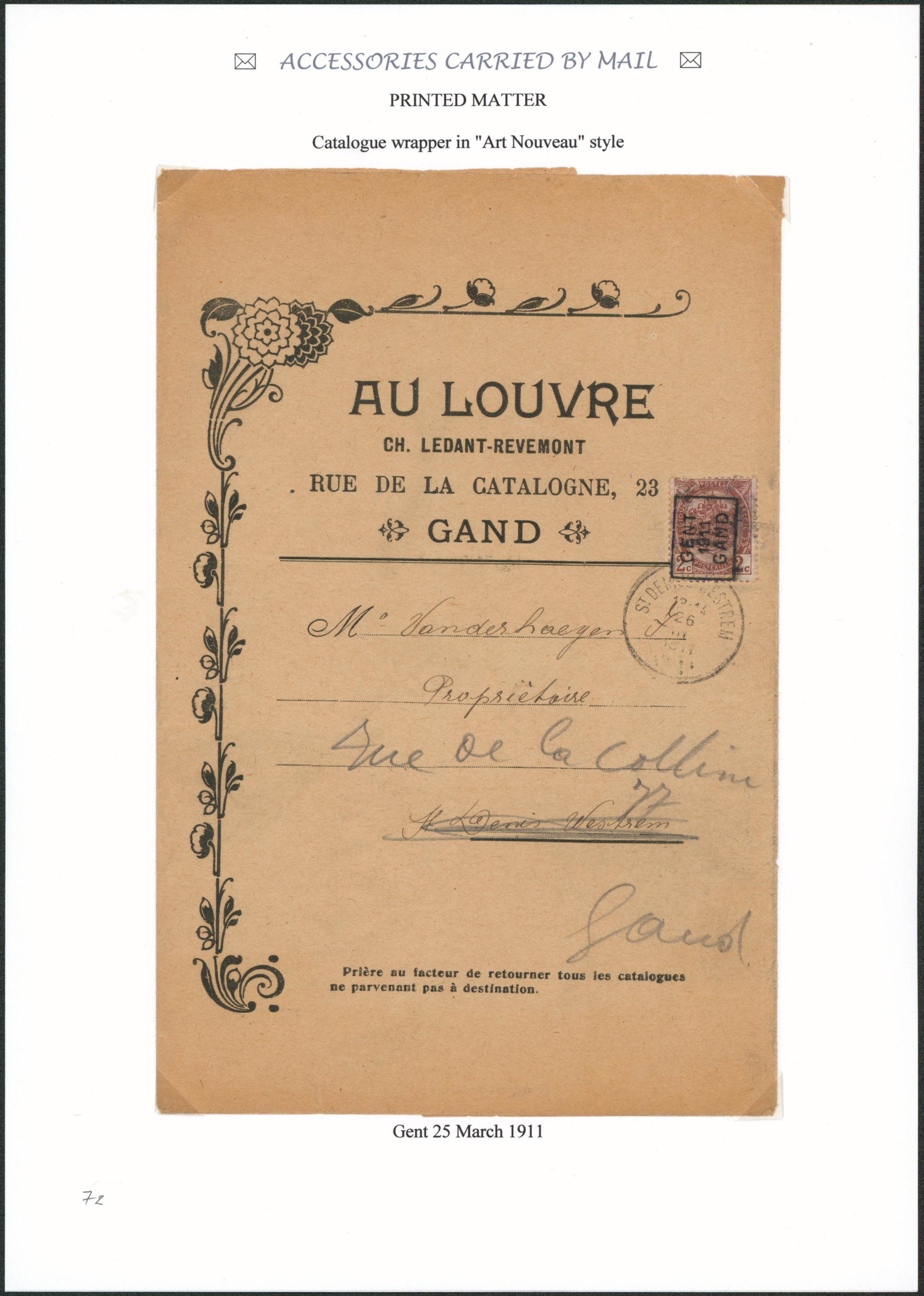 Page de collection - n°55 préo "Gent 1911 Gand" sur bande complète (Au Louvre, Gand) > St-Denis-Westrem, retour Gand.
