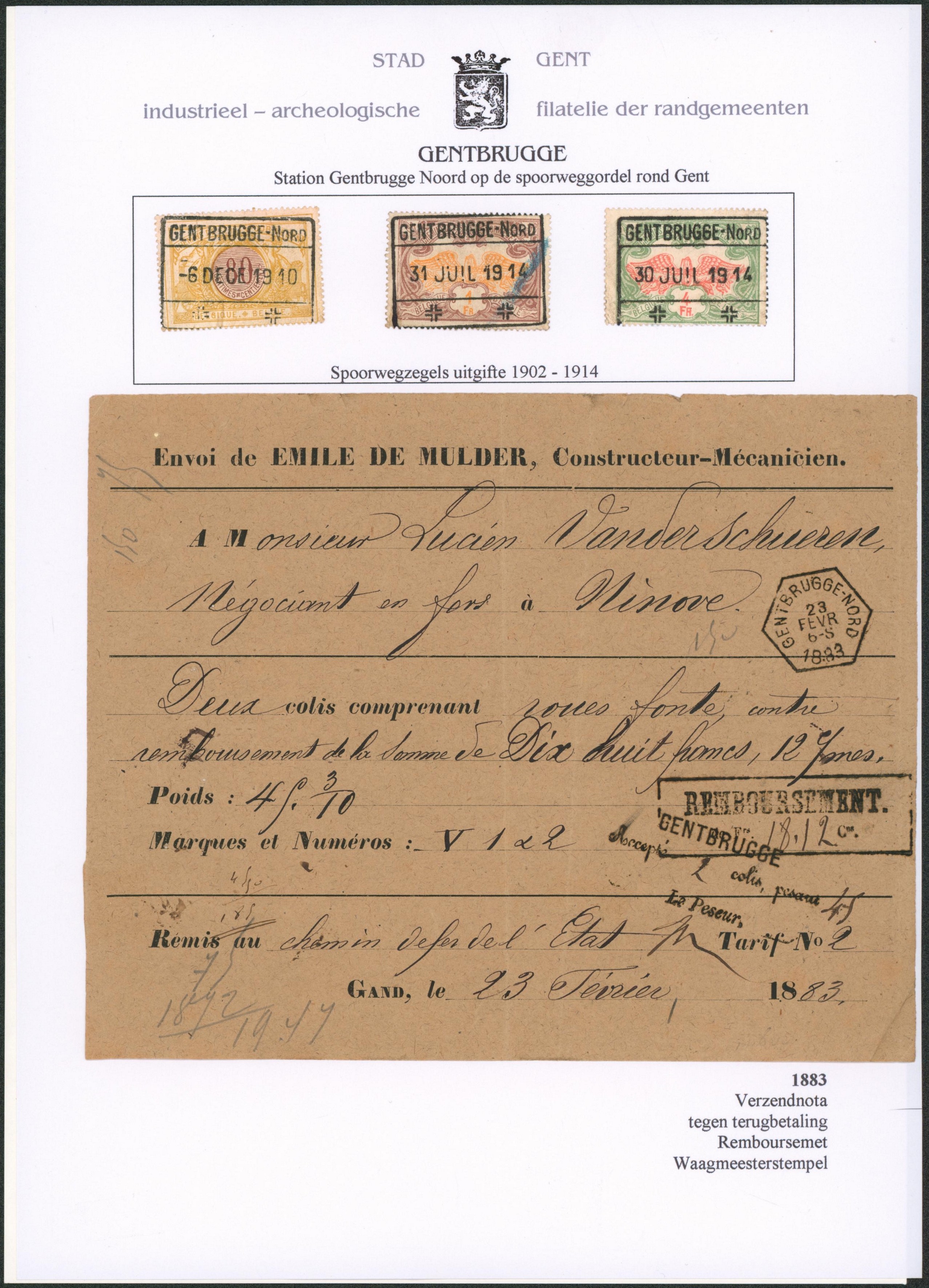 Page de collection - Envoi contre remboursement de deux colis comprenant… remis au chemin de fer de l'état (Gand) + cachet chemin de fer GENTBRUGGE + 3 timbres CDF cachet "Gentbrugge-nord"