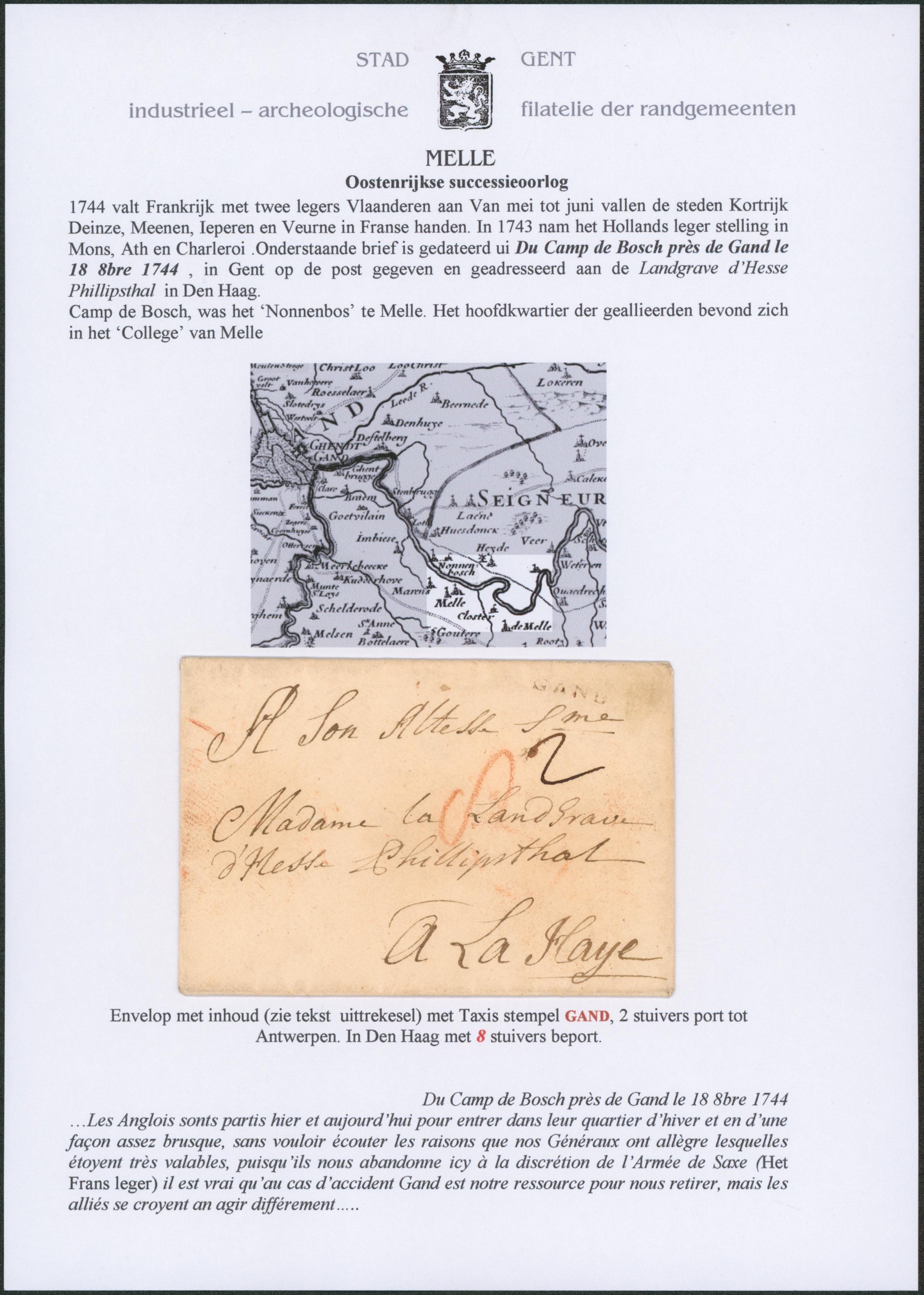 Page de collection - LAC daté du camp de Bosch près de Gand, obl linéaire GAND (petit format), port 2 sols > La Haye. Texte intéressant !
