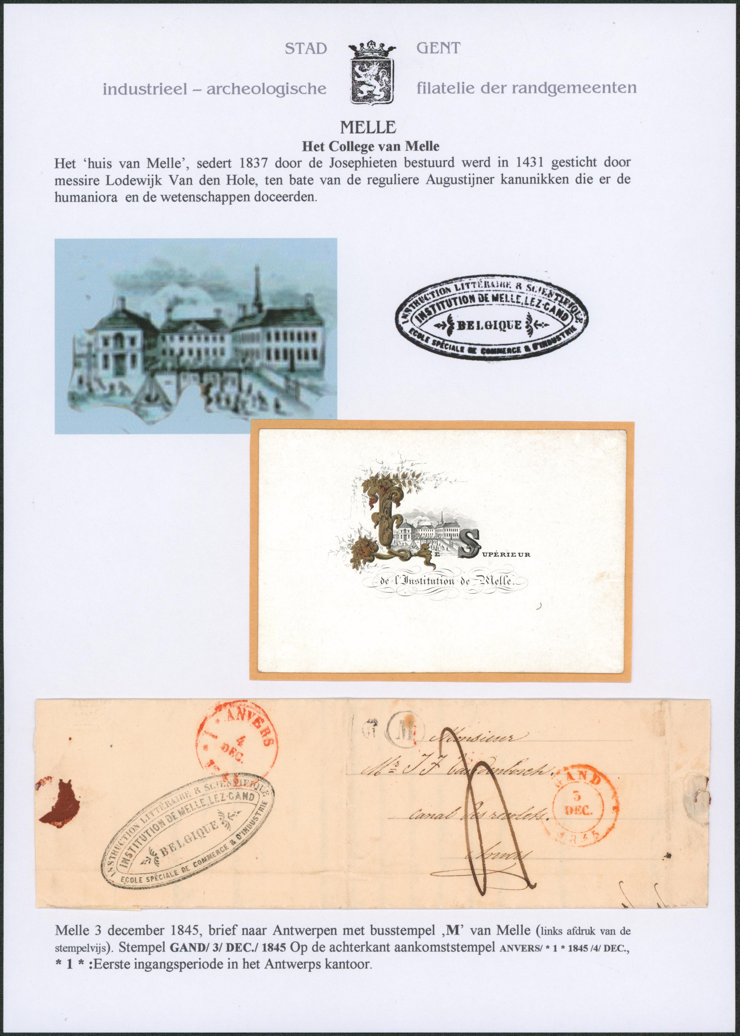 Page de collection - LAC cachet dateur "Gand" (1845) + boite rurale "M" (Melle), port 4 décimes > Anvers + carte en porcelaine montée sur page.