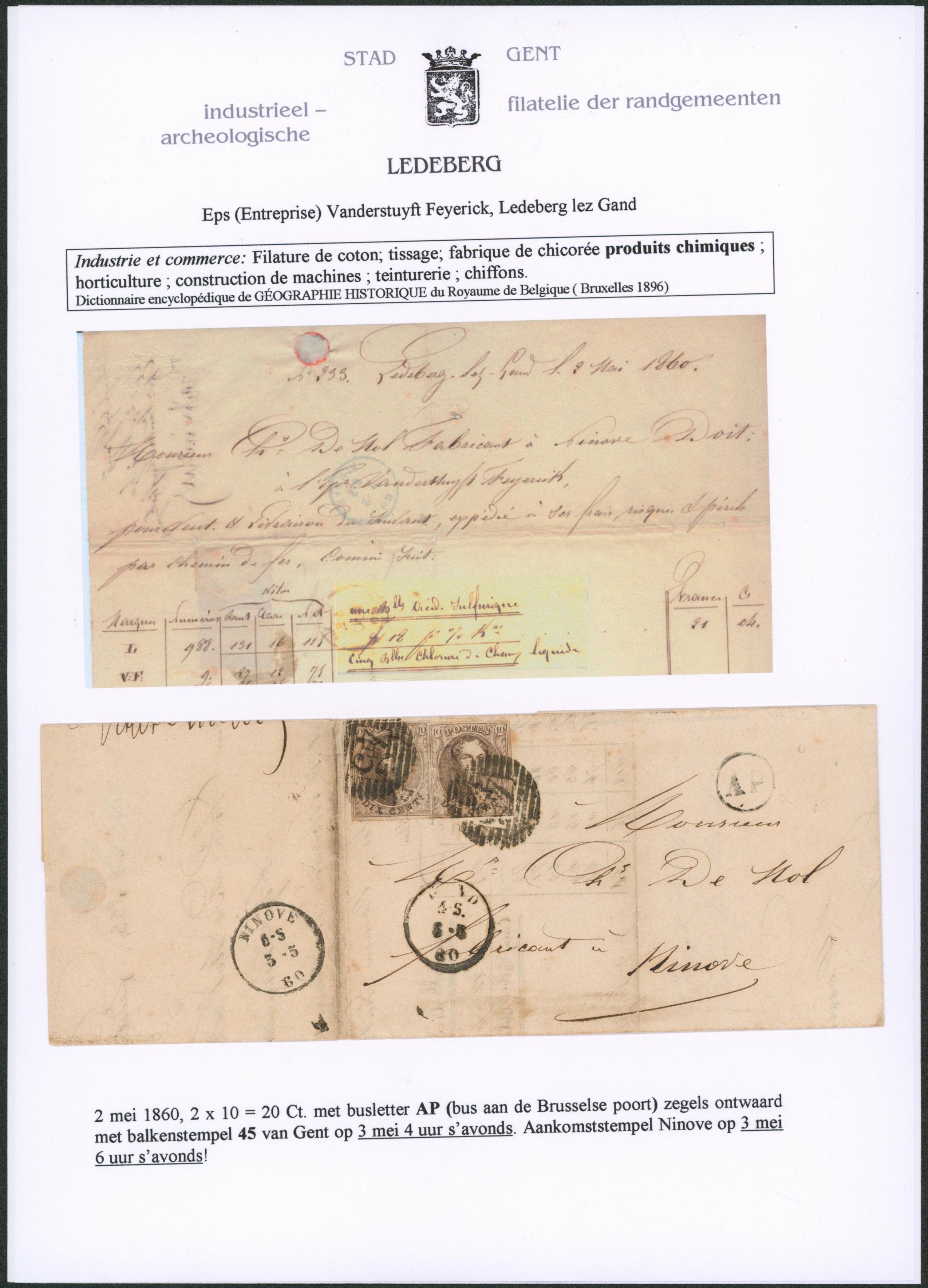 Page de collection - n°10A x2 sur LAC obl P45 çàd Gand (1860) + boite rurale double littera "AP" > Ninove.