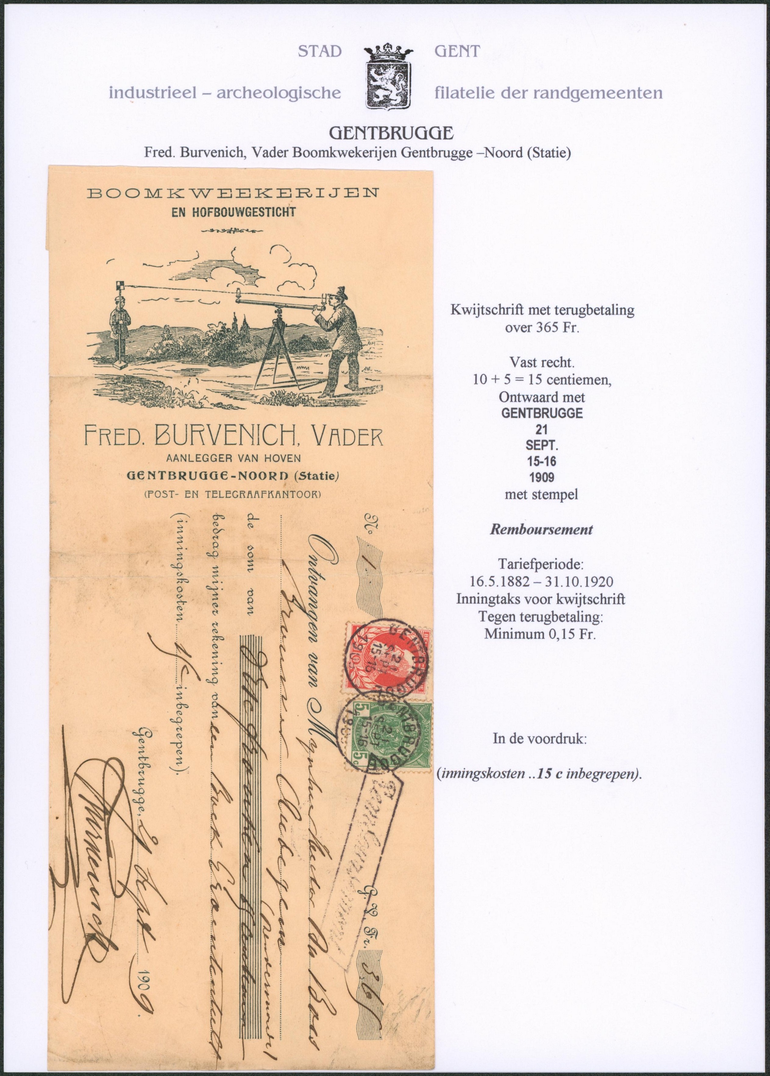 Page de collection - n°56 et 74 sur effet de commerce (Boomkweekerijen, Gentbrugge noord statie) obl simple cercle "Gentbrugge" + encadré REMBOURSEMENT