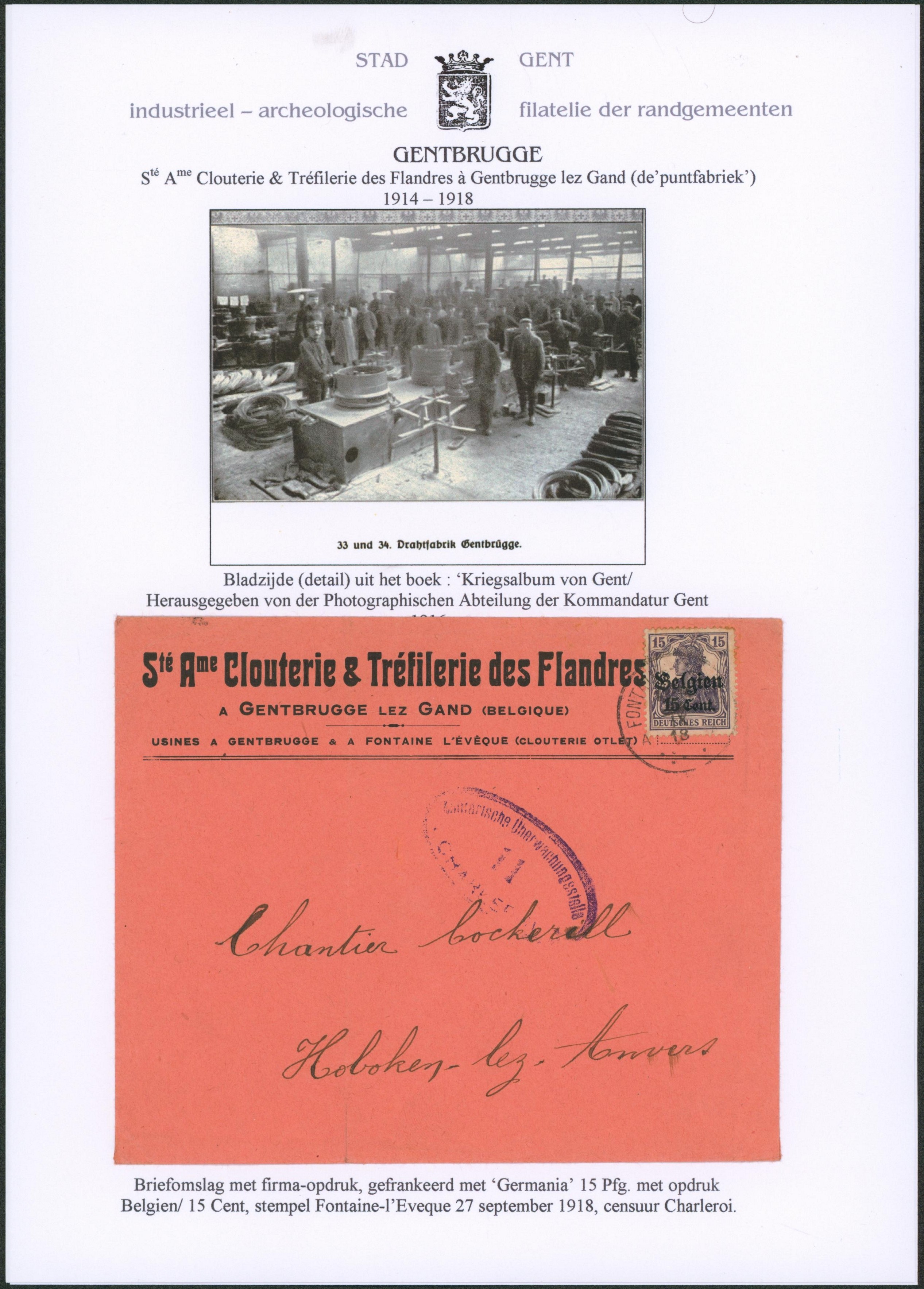 Page de collection - OC16 sur lettre à en-tête "Ste anonyme clouterie & tréfilerie des flandres" (Gentbrugge lez gand), expédié de Fontaine-l'évêque > Hoboken.