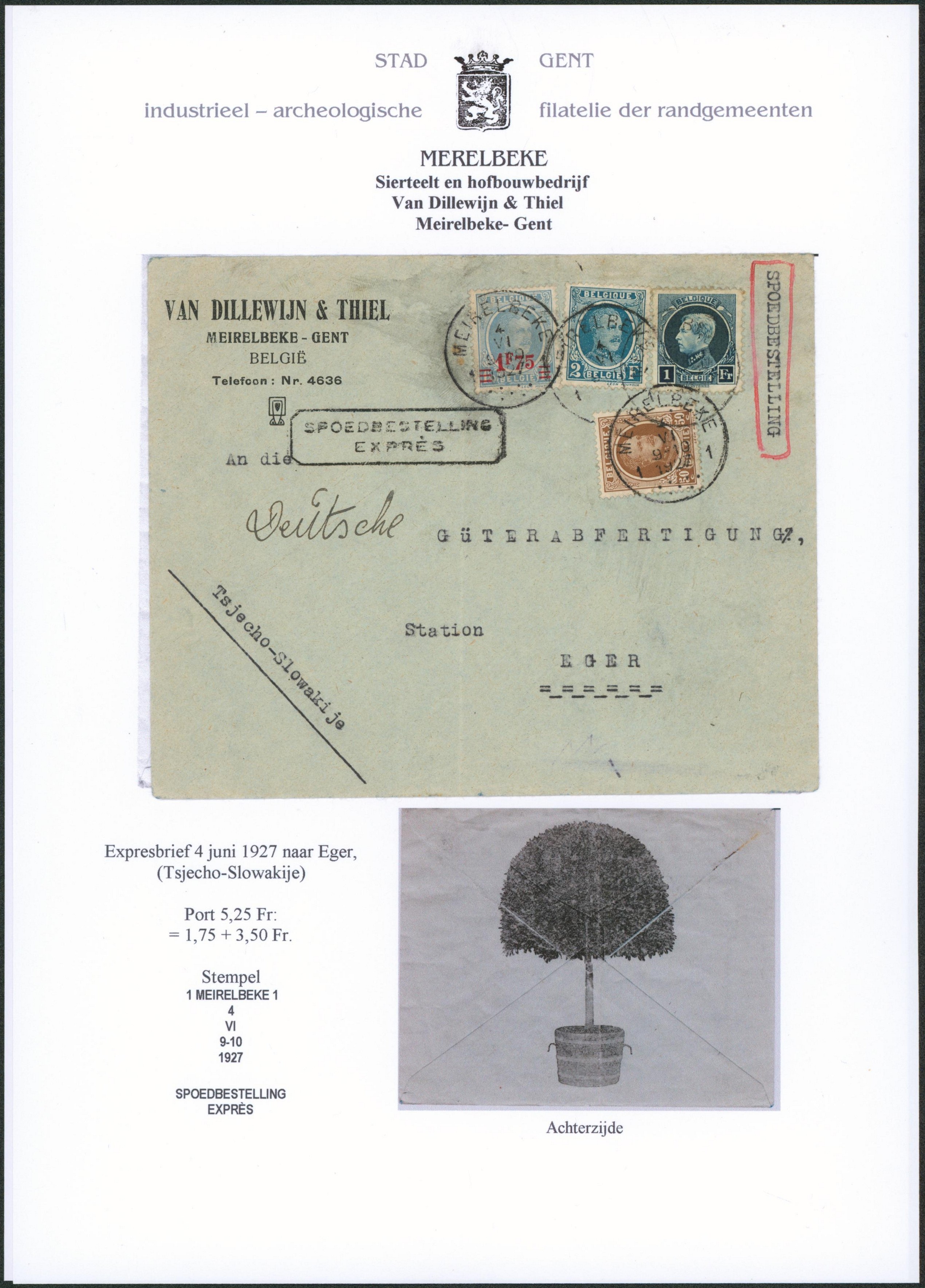 Page de collection - Affranch. Mixte (Houyoux, Petit montenez) sur lettre en epxres de Meirelbeke > Eger station (Tchécoslovaquie). TB