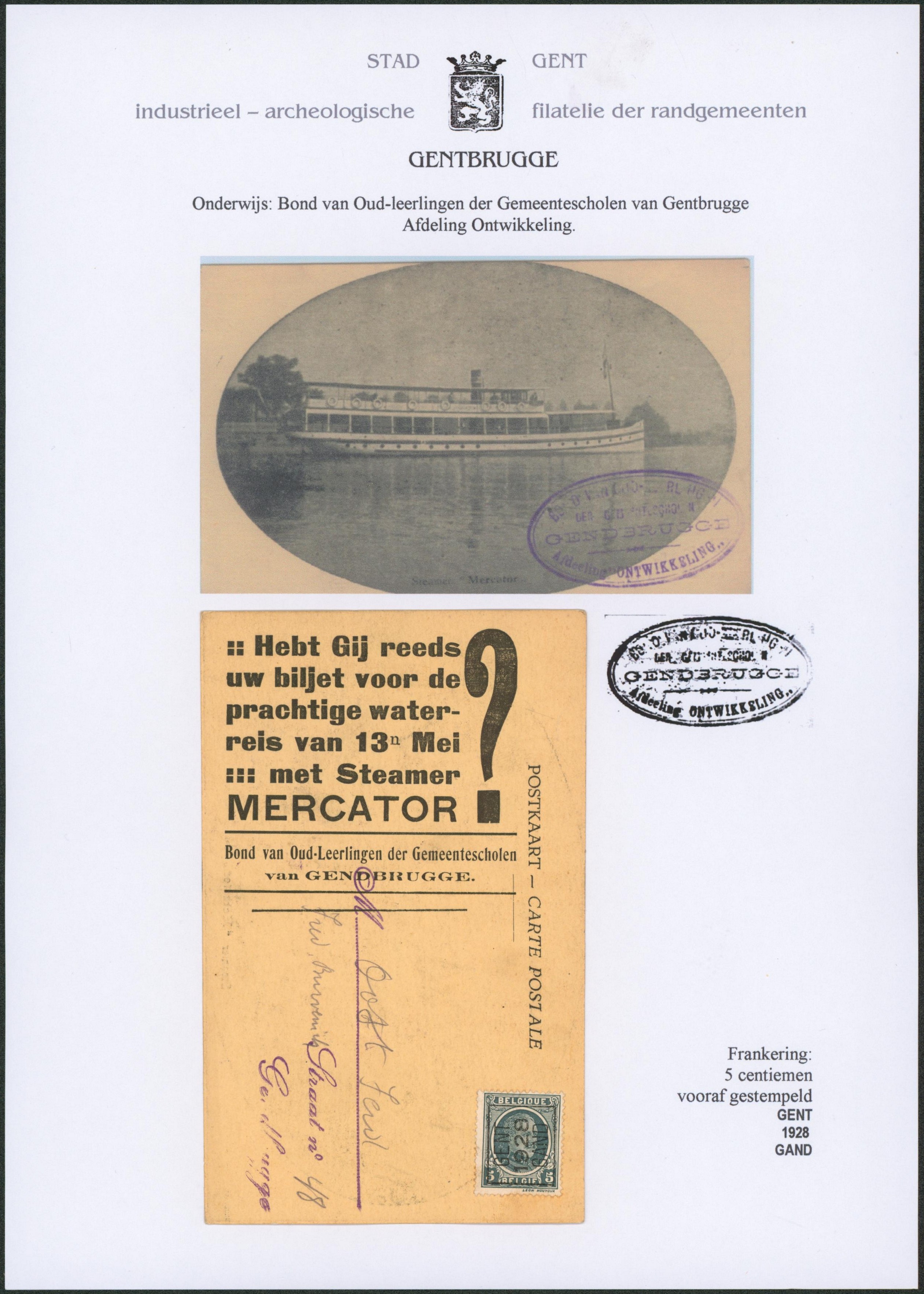 Page de collection - n°193 typo "Gent 1928 Gand" sur cp imprimé MET STEAMER MERCATOR ? Çàd Gentbrugge > Gentbrugge