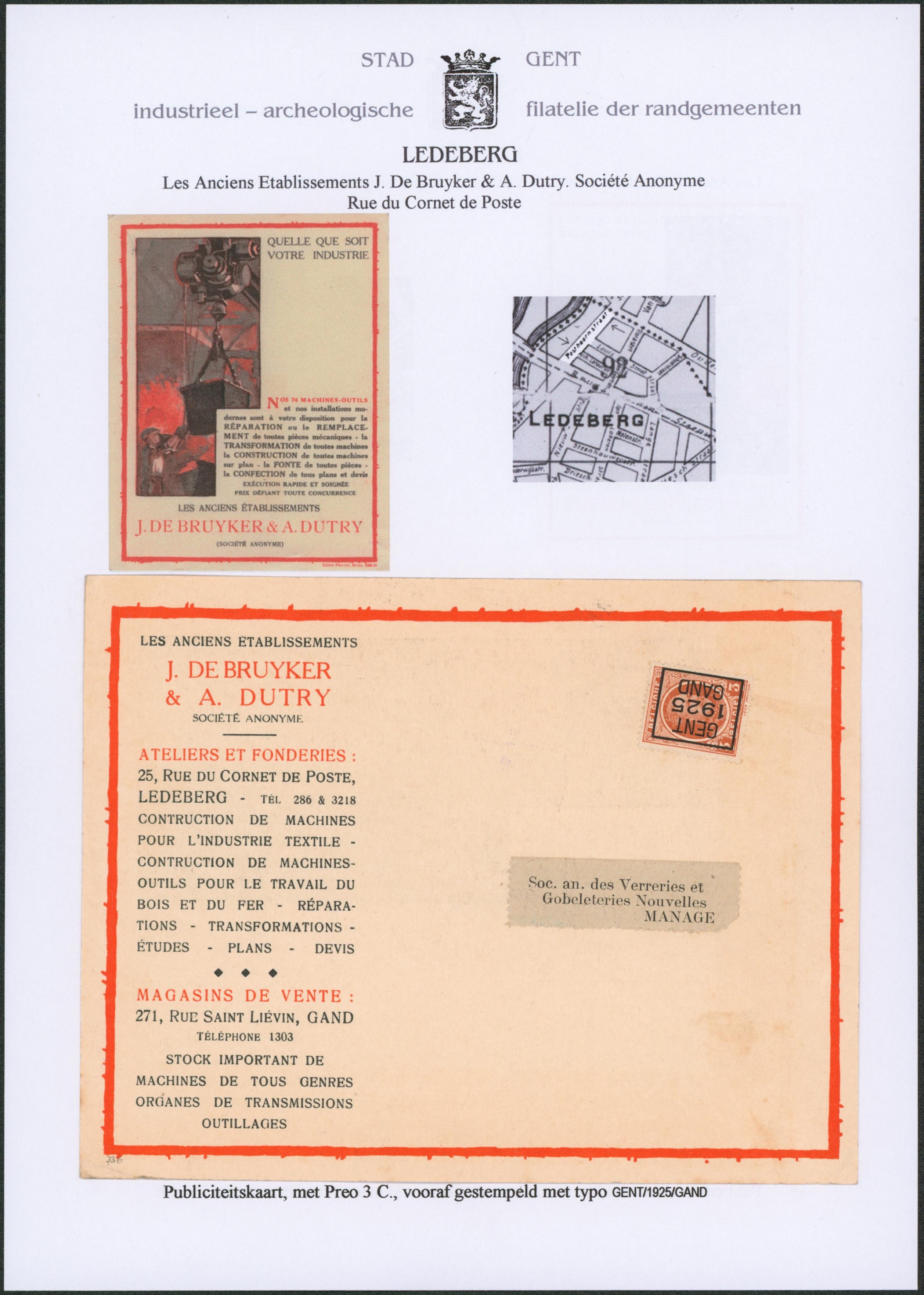 Page de collection - n°192 typo "Gent 1925 Gand" sur grand imprimé (les anciens établissements J. De bruyker & A. Dutry ateliers et fonderies) > Manage.
