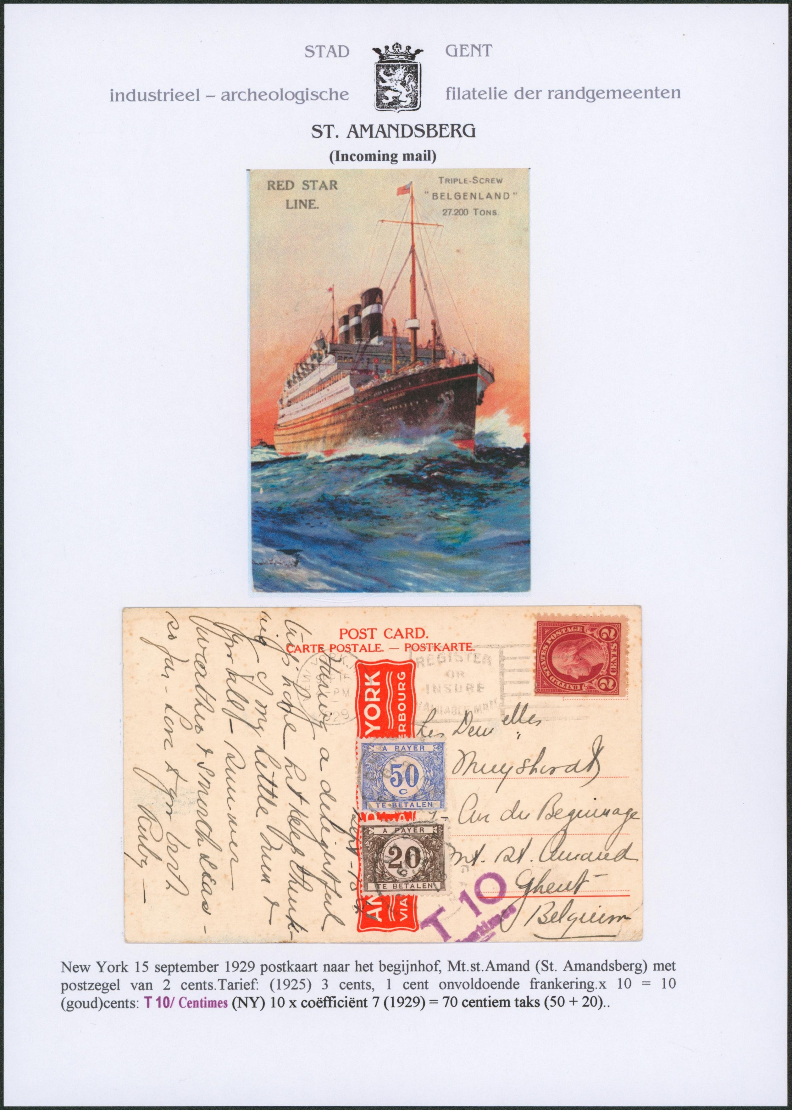 Page de collection - CP illustrée RED STAR LINE expédié de New-York (1929) + taxe américaine > Gent, taxé à 70ctm.