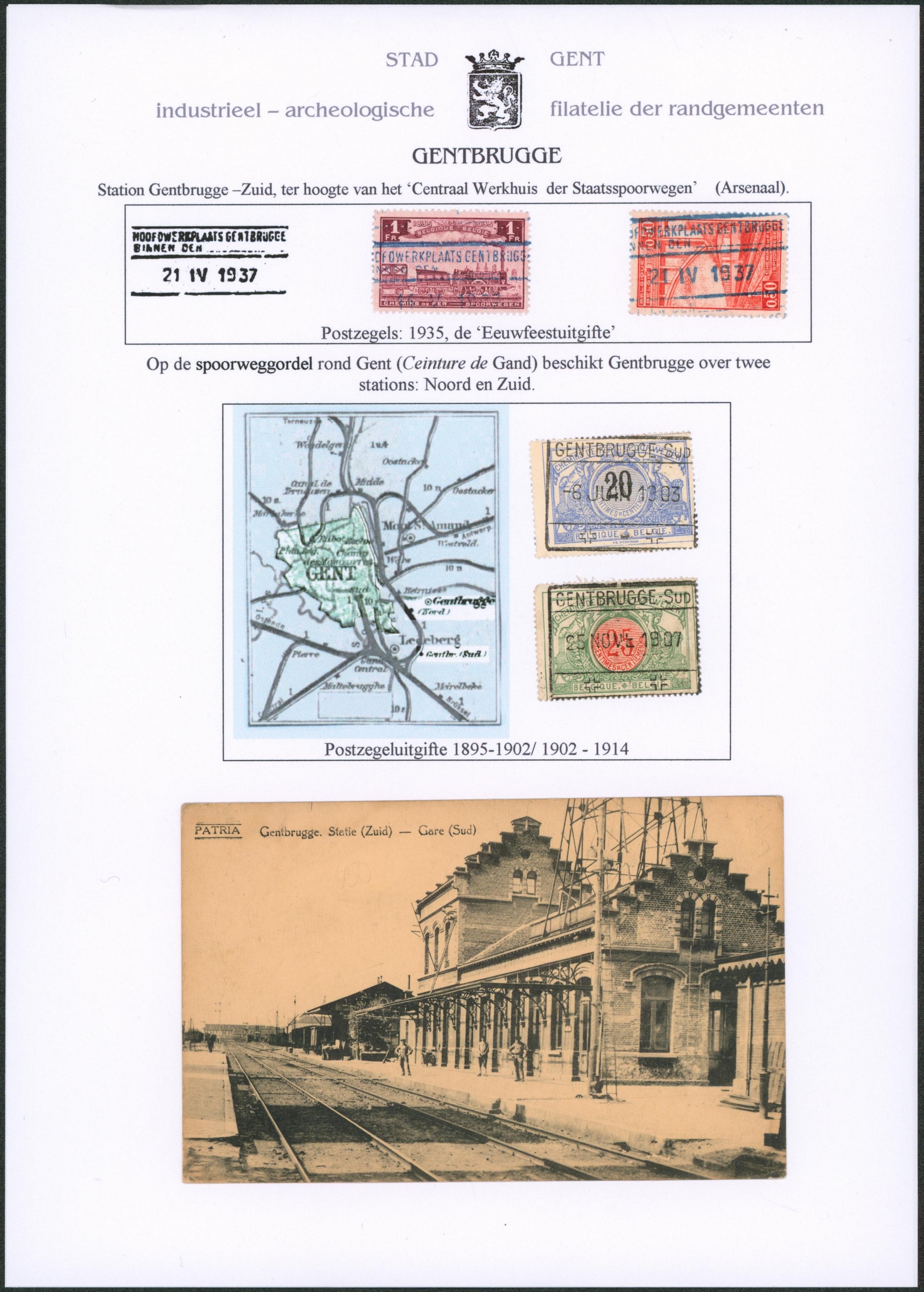 Page de collection - Cachet spécial chemin de fer GENTBRUGGE + GENTBRUGGE-SUD & carte postale vue (Statie-zuid, gare sud).