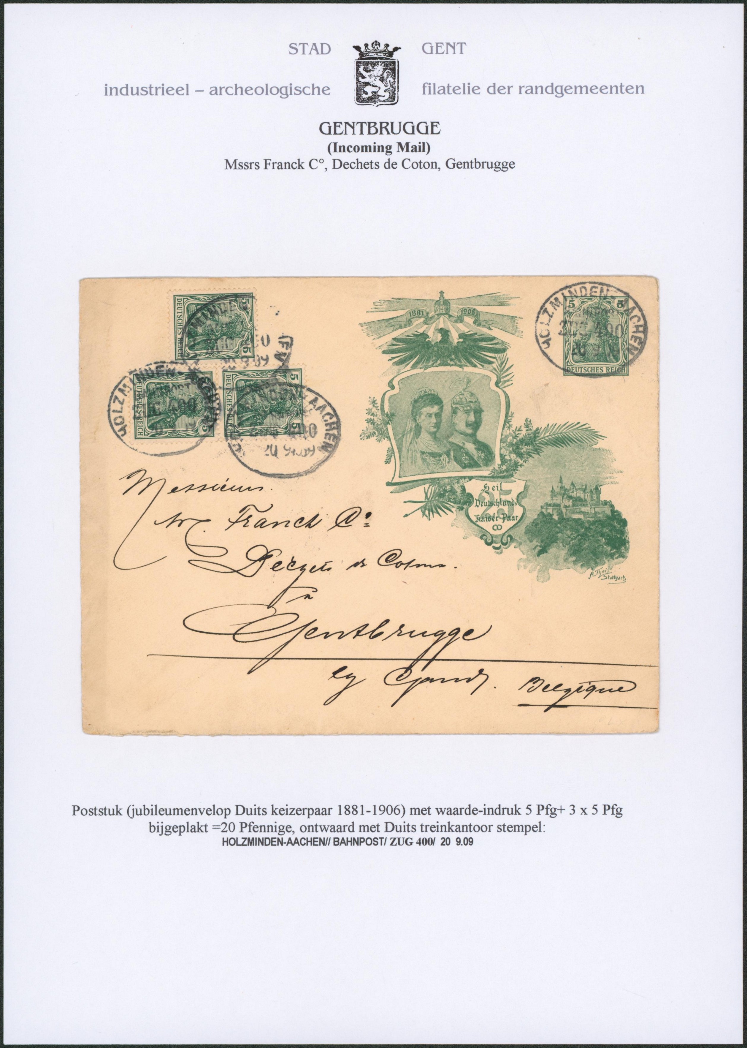 Page de collection - entier postal au type enveloppe 5Pf vert "Couple impérial 1881-1906" + 5Pf x3 obl ambulant "Holzminden-Aachen / Bahnpost" > Gentbrugge.