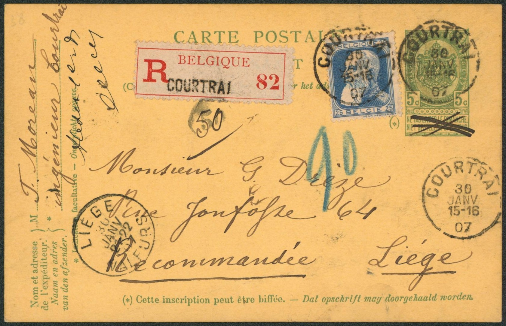 EP au type 5ctm vert en recommandé + n°76 de courtrai > Liège + obl S.C. "Liège / Valeurs"