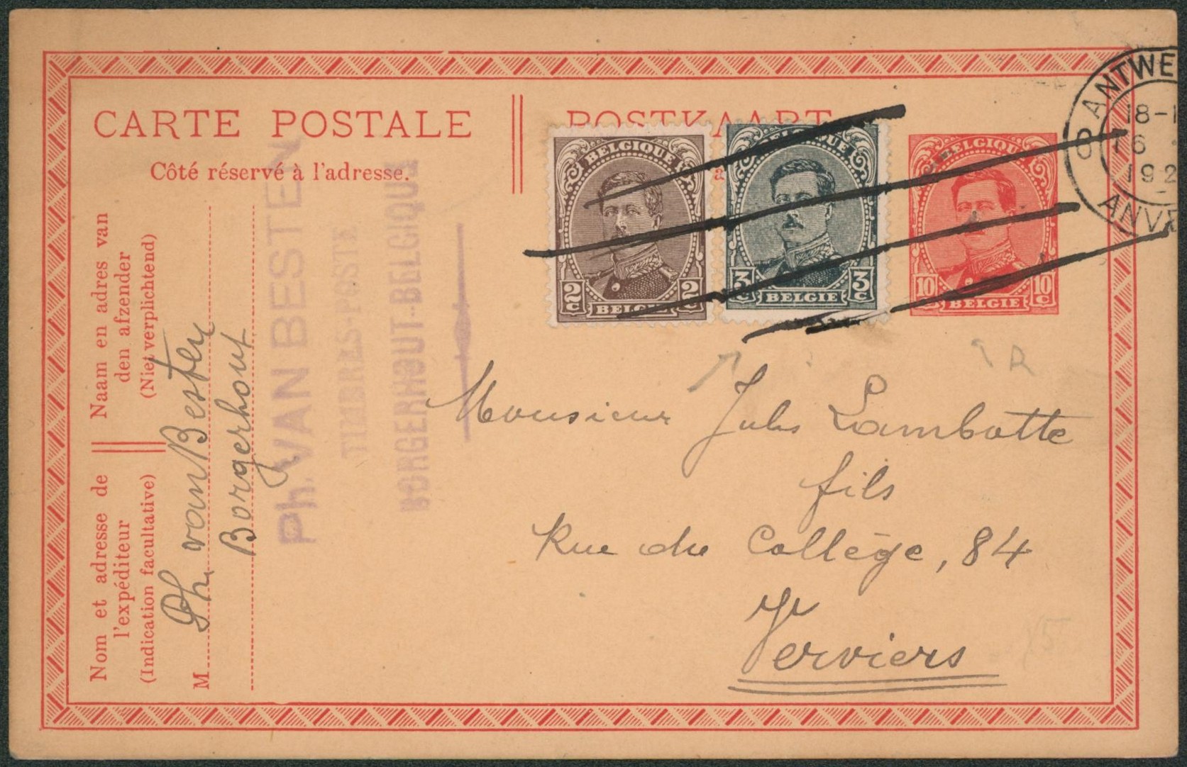 EP au type 10ctm rouge Albert I + n°136 et 183 (daté de Borgerhout) + obl mécanique Antwerpen, TP annulé par 4 lignes à l'encre noir > Verviers.