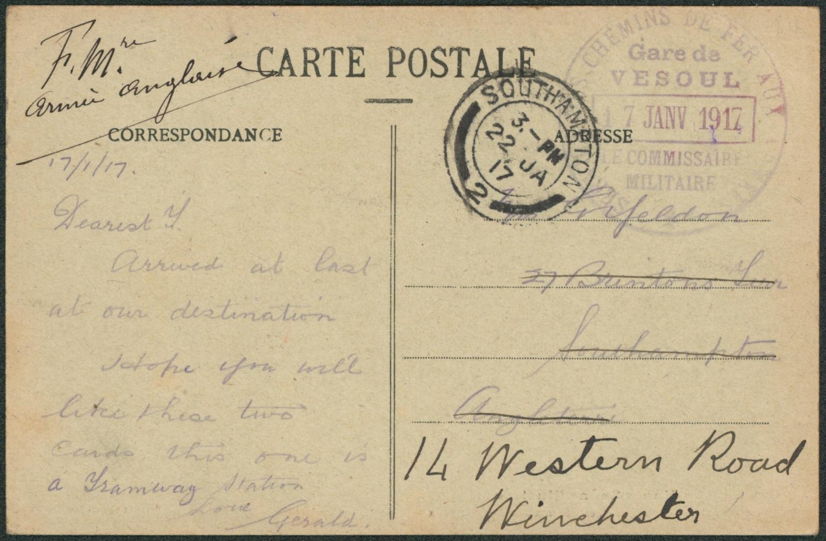 France - carte postale en franchise (armée anglaise) + grand cachet violet "Gare de vesoul, le commissaire militaire / Chemin de fer…" > Southampton (Angleterre) suivi Winchester