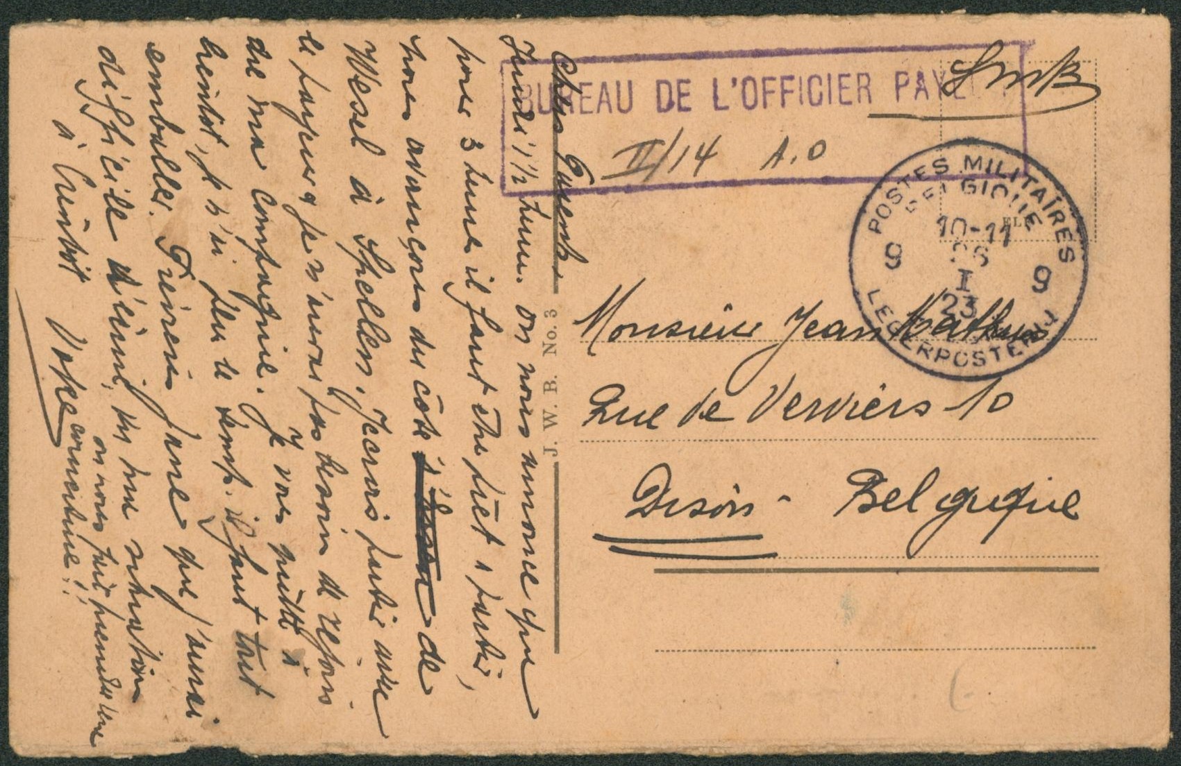 CP en S.M.B. obl P.M.B. 9 (1923) + encadré BUREAU DE L OFFICIER PAYEN" > Dison