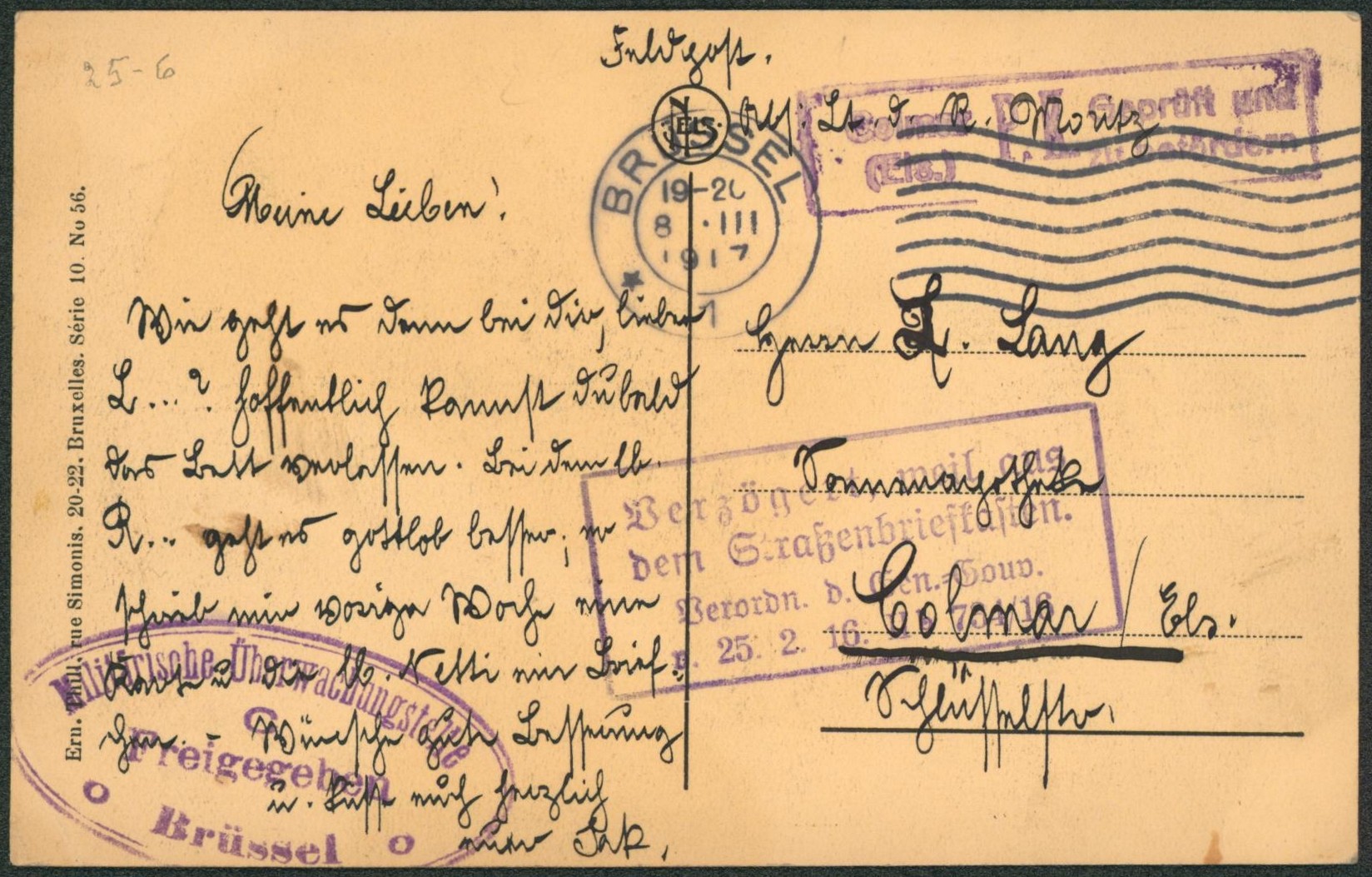 CP en feldpost expédié de Bruxelles > Colmar (Allemagne) + censure COLMAR / P.K.    Courrier retardé