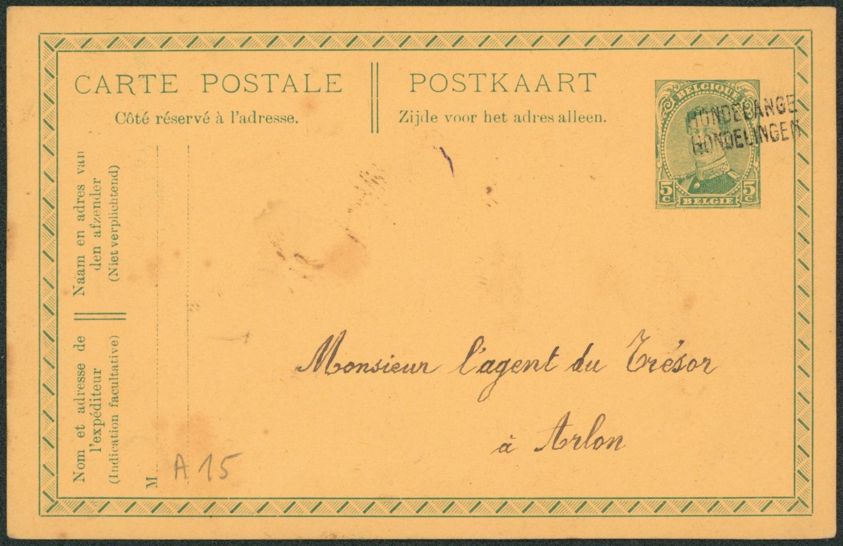 EP au type 5ctm vert Albert I annulé par griffe de fortune HONDELANGE / HONDELINGEN > Arlon. TB