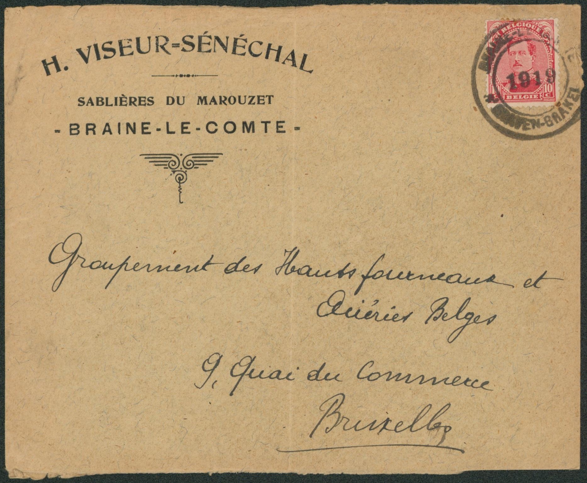 n°138 sur lettre à en-tête obl double cercle type caoutchouc (fortune) "Braine-le-comte" (bilingue) > Bruxelles