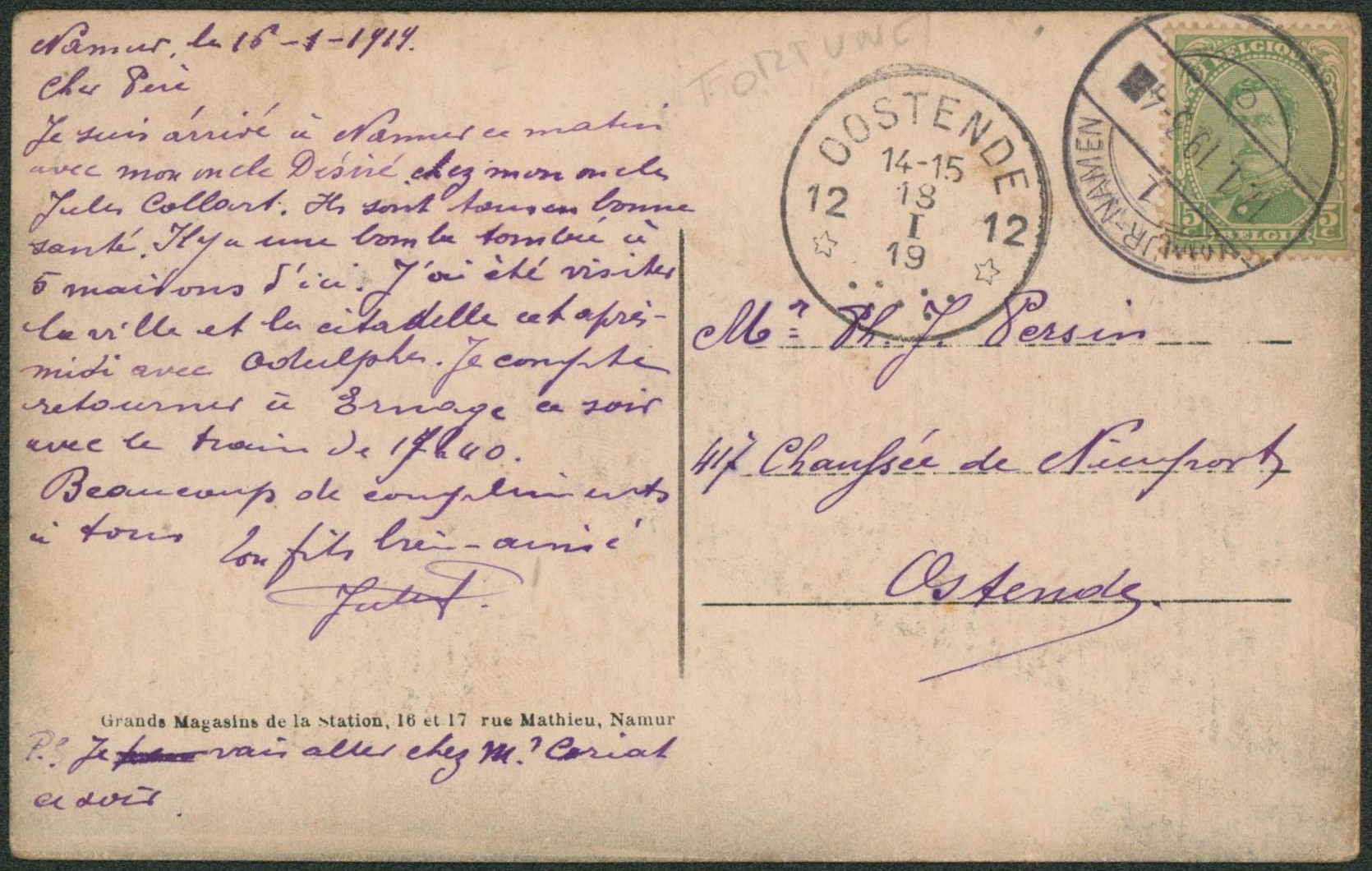 n°137 sur CP obl à pont (fortune, gratté) "Namur-Namen" > ostende çàd obl agence OOSTENDE 12