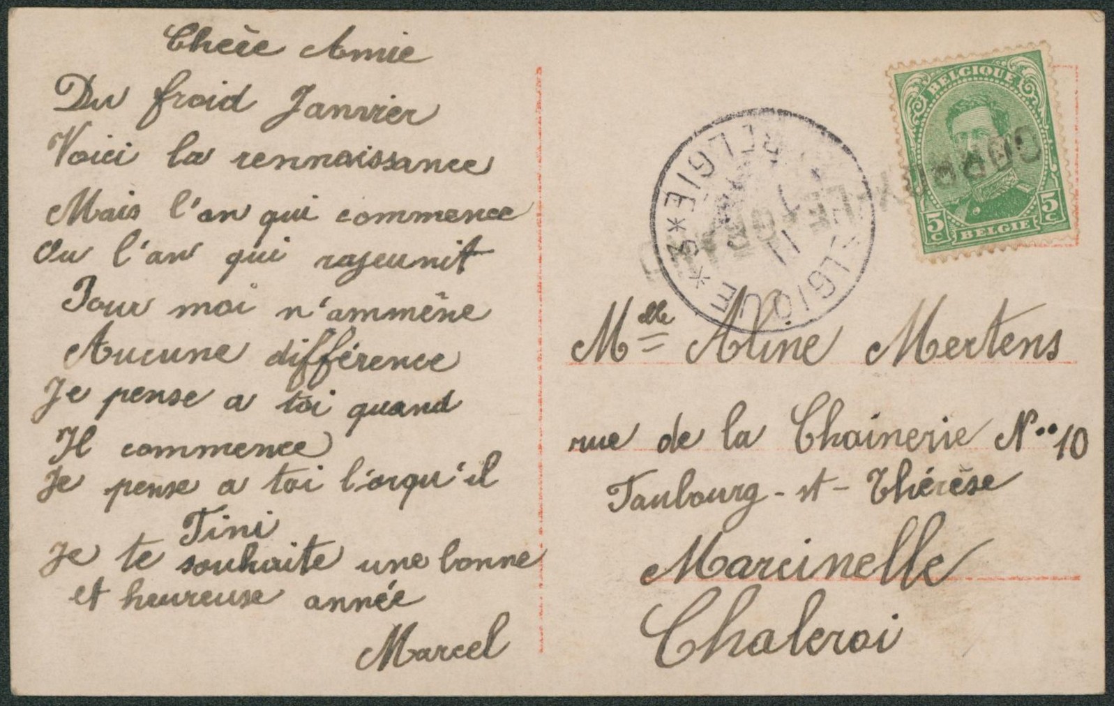n°137 sur CP annulé par griffe de fortune CORROY-LE-GRAND + obl "Belgique / Belgie *3*" > Marcinelle