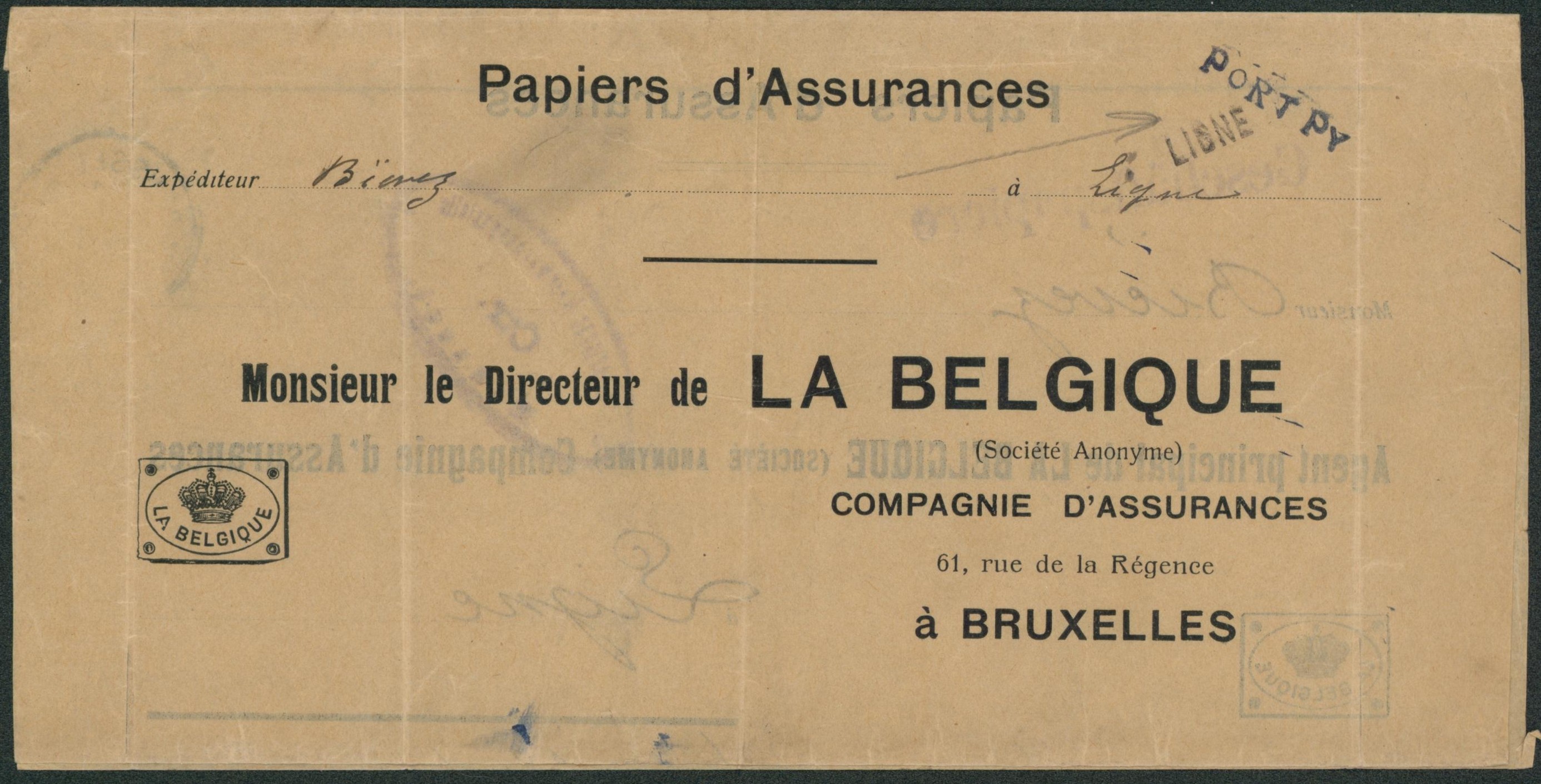 Lettre + griffe PORT PY (port payé) & LIGNE > Bruxelles. TB