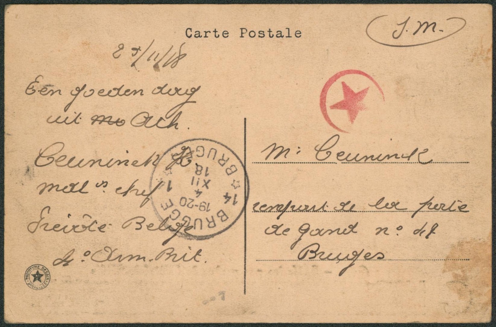 CP en S.M. (armée britanique) çàd censure étoile rouge > Bruges + obl agence de fortune BRUGGE / BRUGES (4/XII/18)