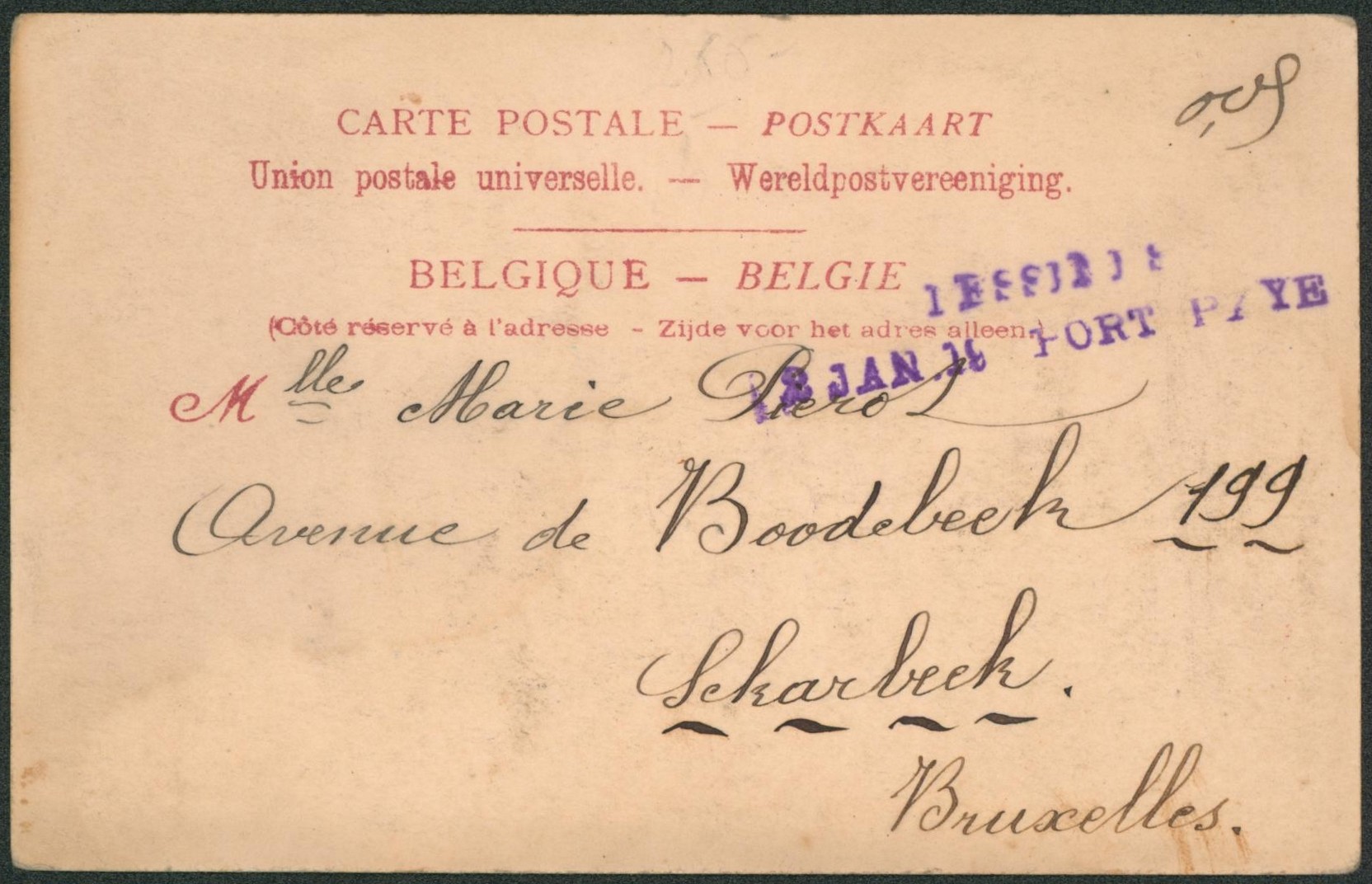 CP vue de Pesches, taxé à 0,05 + griffe de fortune (violette) LESSINES / PORT PAYE > Schaerbeek