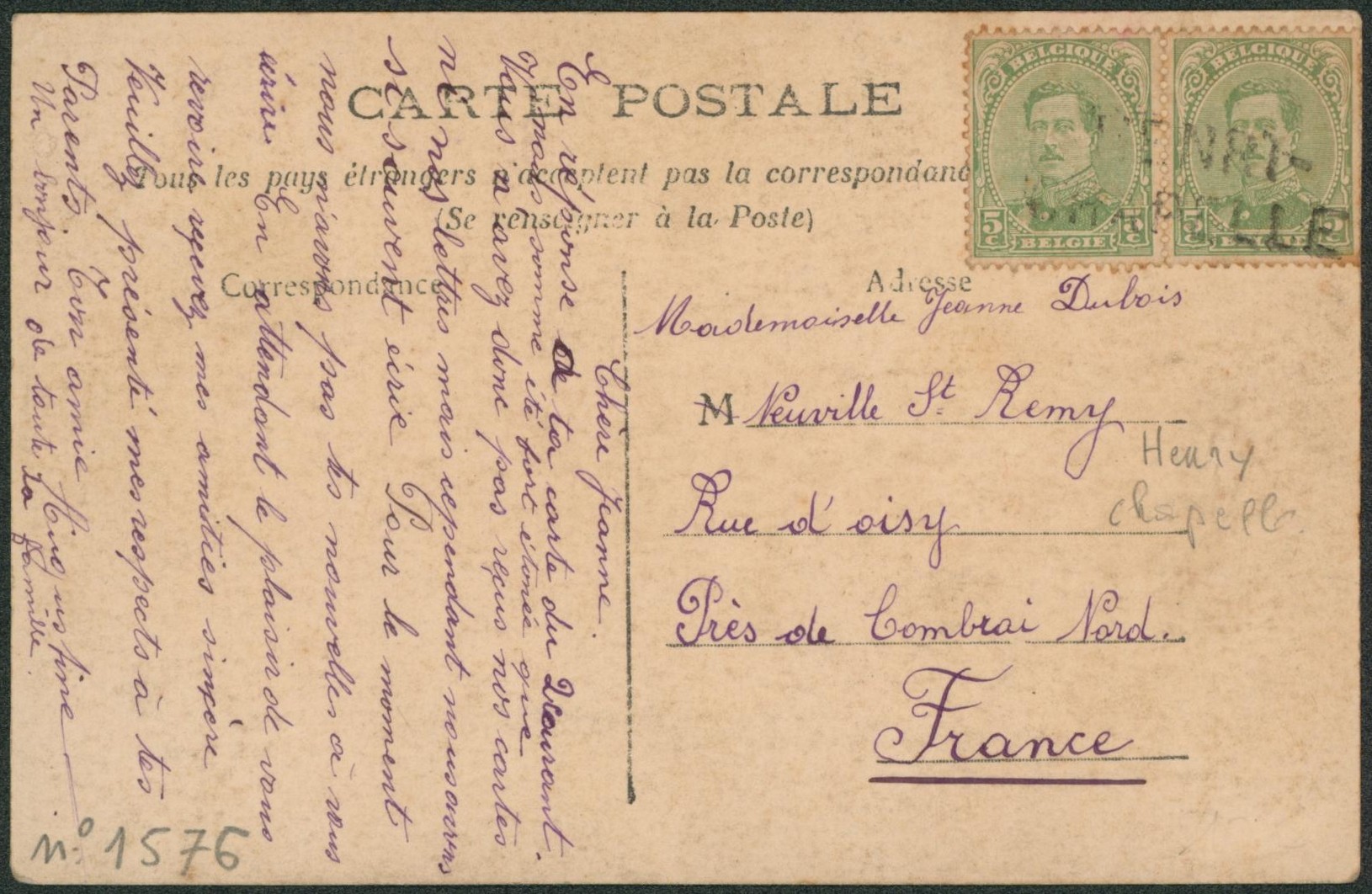 n°137 x2 sur CP annulé par griffe de fortune HENRI-CHAPELLE > France.