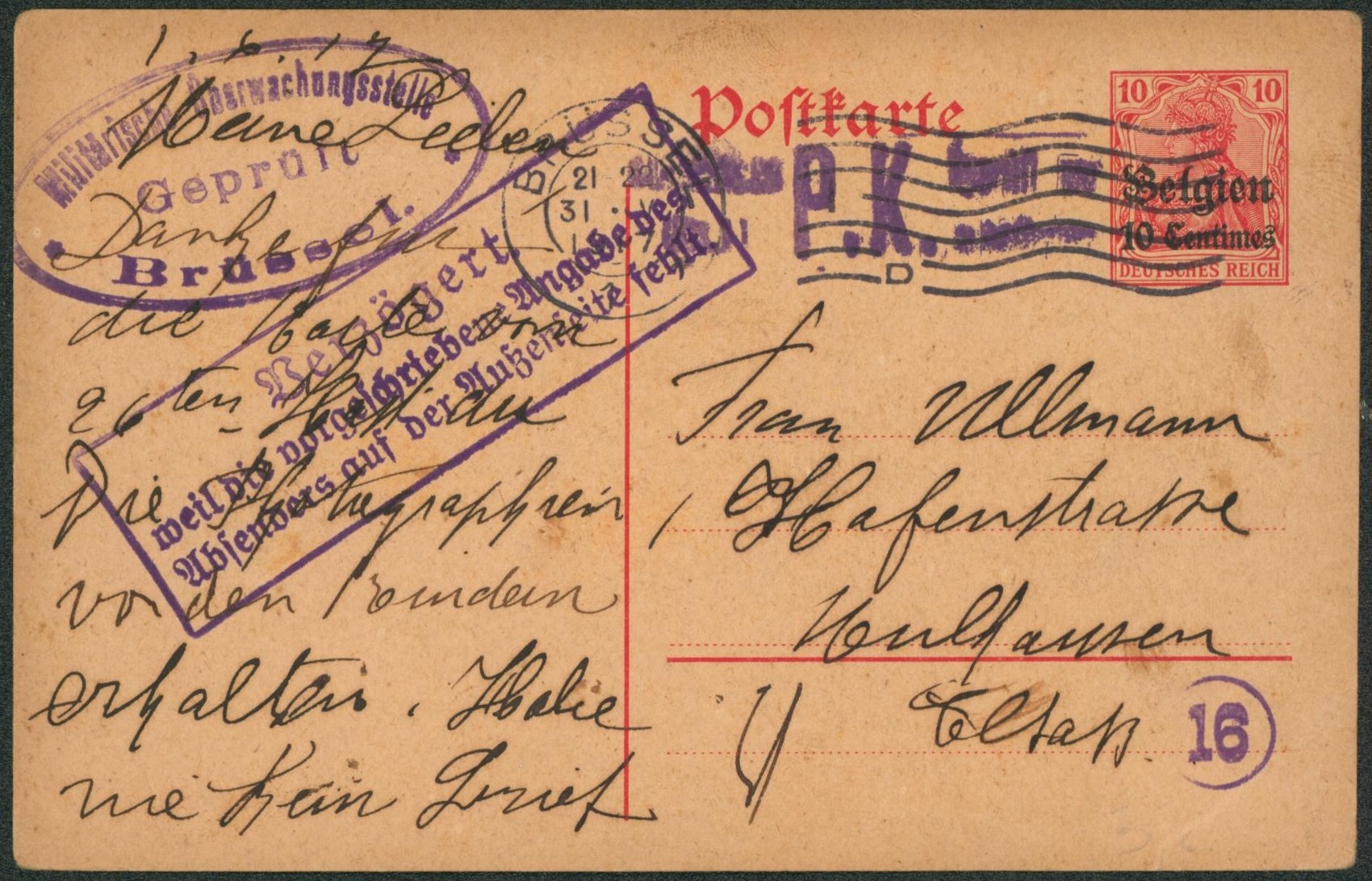 EP au type 10ctm rouge obl mécanique "Brussel" > Allemagne + censure COLMAR P.K. et griffe retardé.