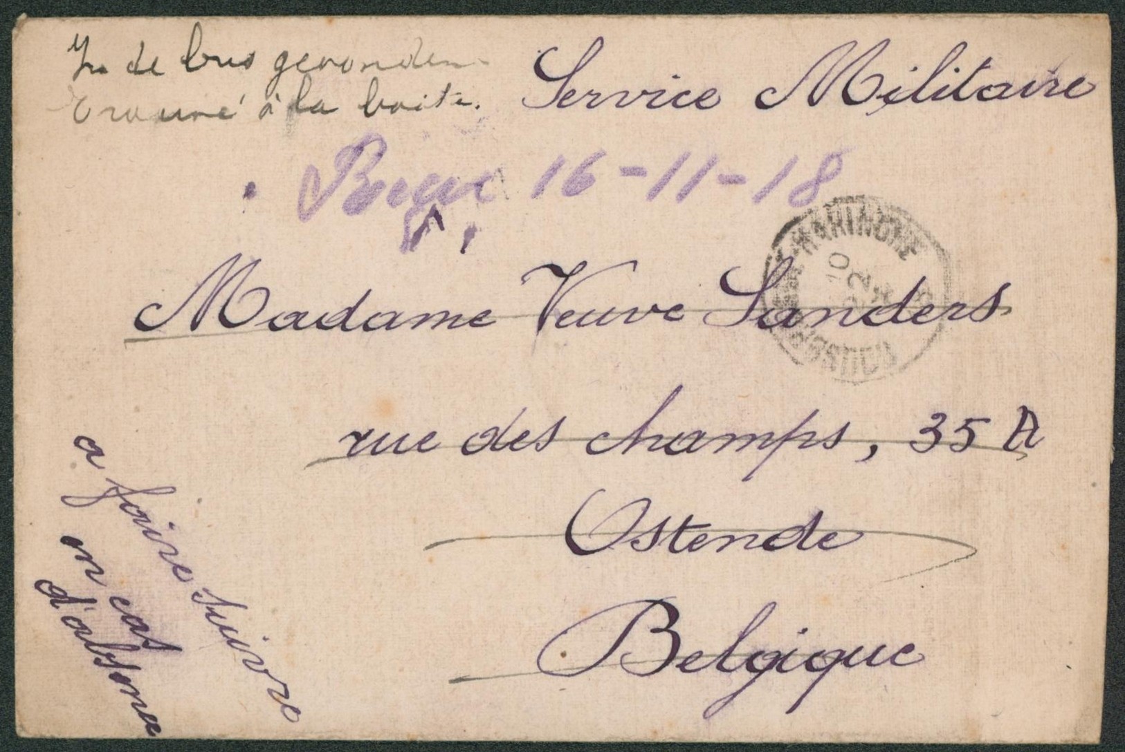 lettre en S.M. expédié de Ste-adresse + manuscrit "trouvé à la boite" > Ostende via Rousbrugge-Haringe (22/10/18) + Verso étiquette bilingue "retour à l'envoyeur".
