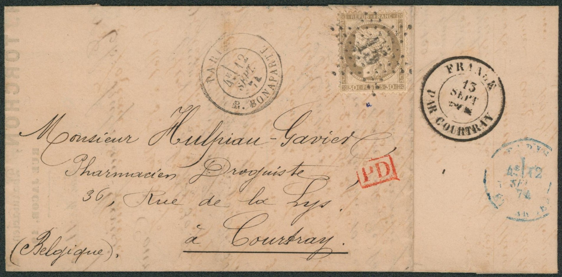 France - Cérès Yv n°56 sur LAC obl étoile de Paris "15" (R. Bonaparte) > Courtray + cachet de Passage "France / Par Courtray". TB