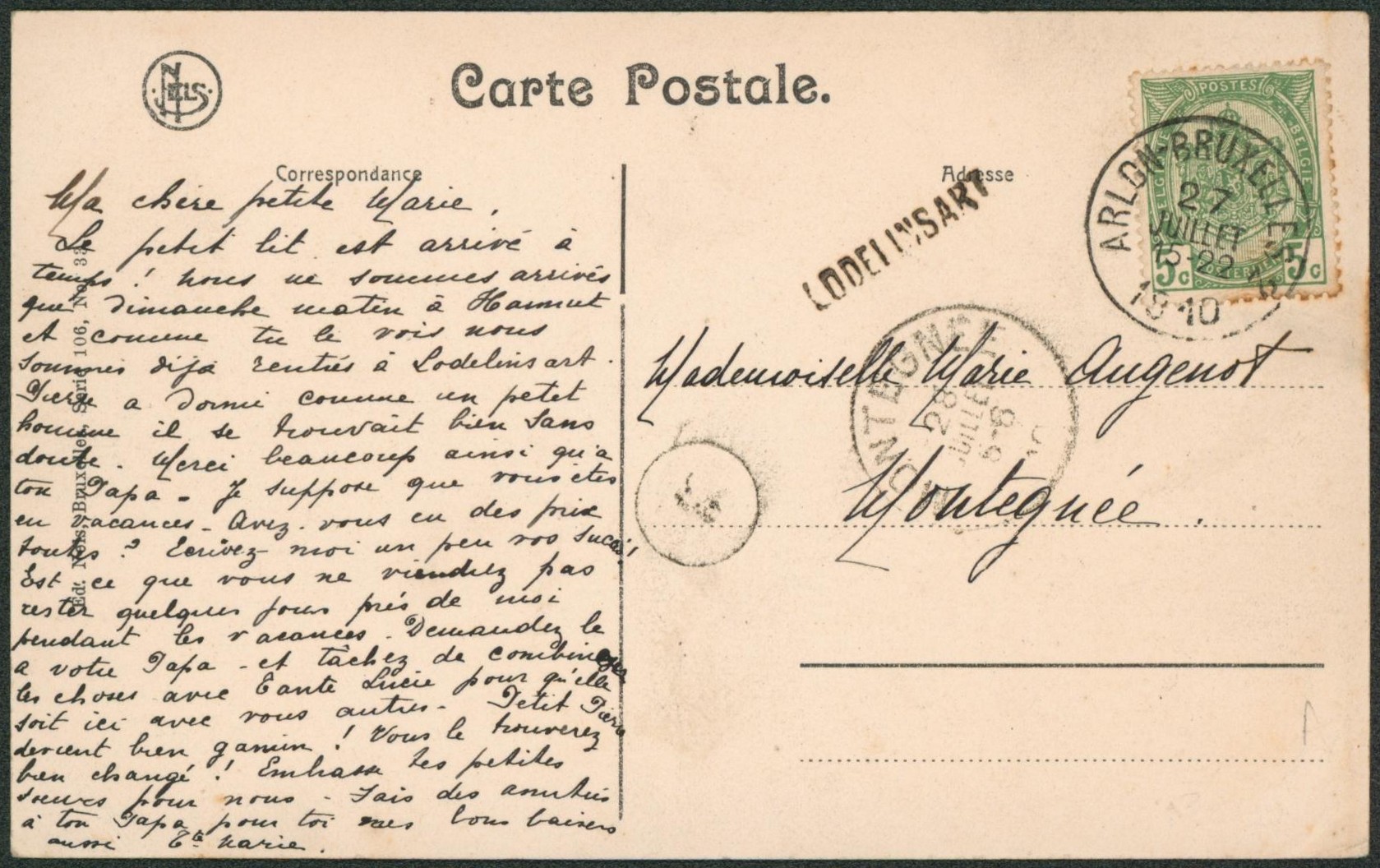 n°83 sur CP obl ambulant "Arlon-Bruxelles 2" + griffe à l'origine LODELINSART > Montegnée