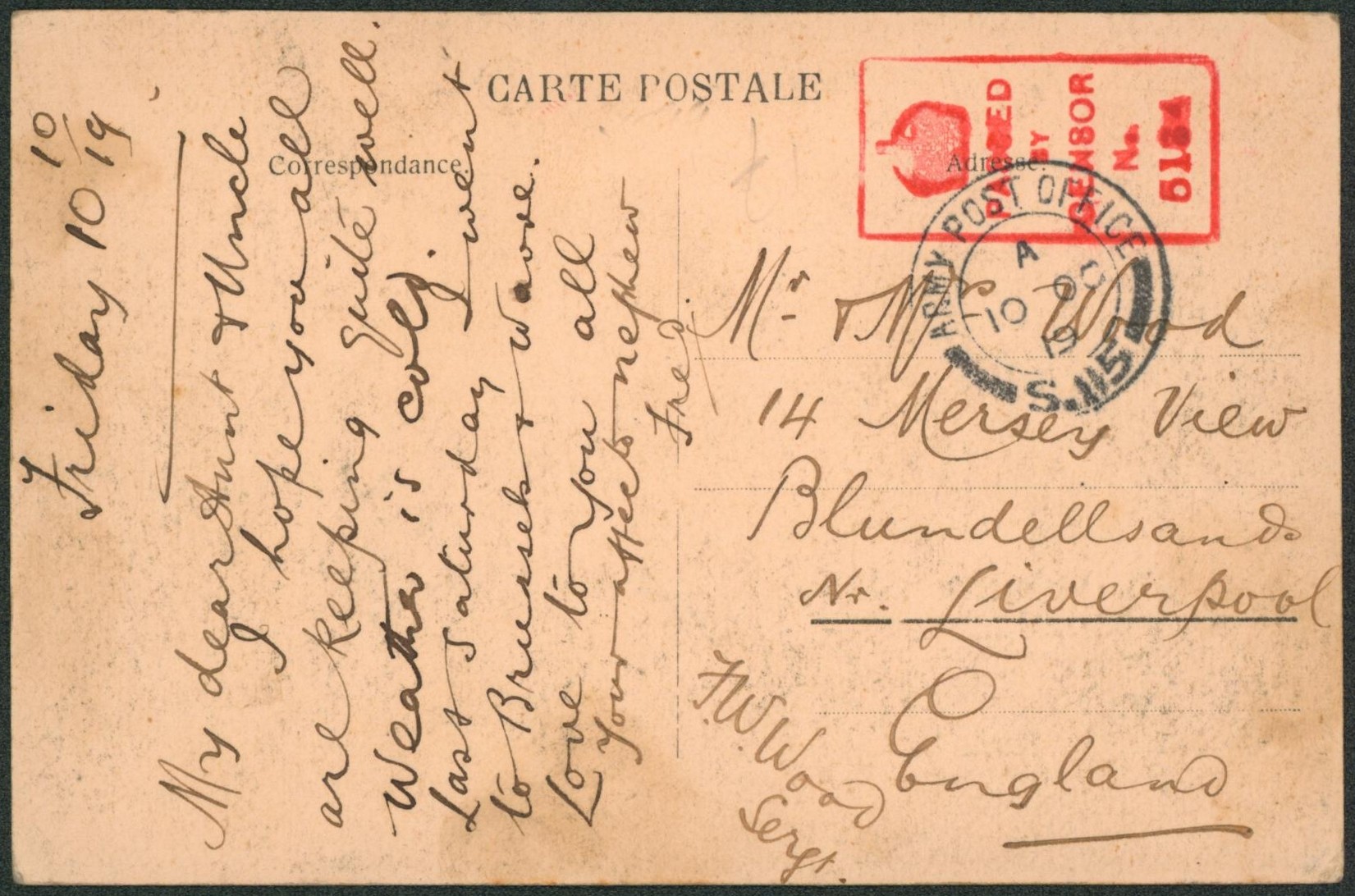 CP vue (charleroi) expédié par l'armée anglaise çàd Army post office > Liverpool + censure