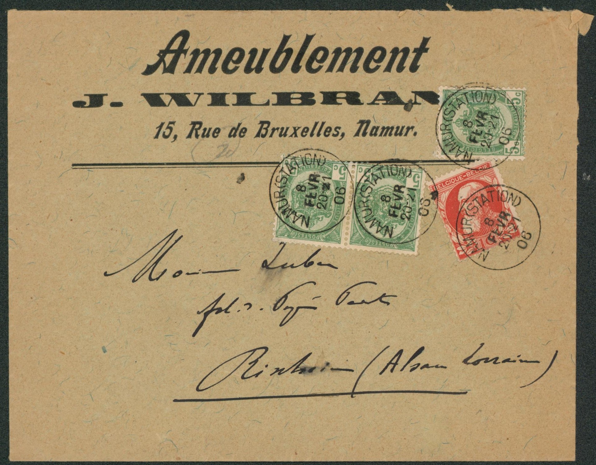 n°56 x3 et 74 sur lettre à en-tête obl S.C. "Namur (station)" > Alsace Lorraine