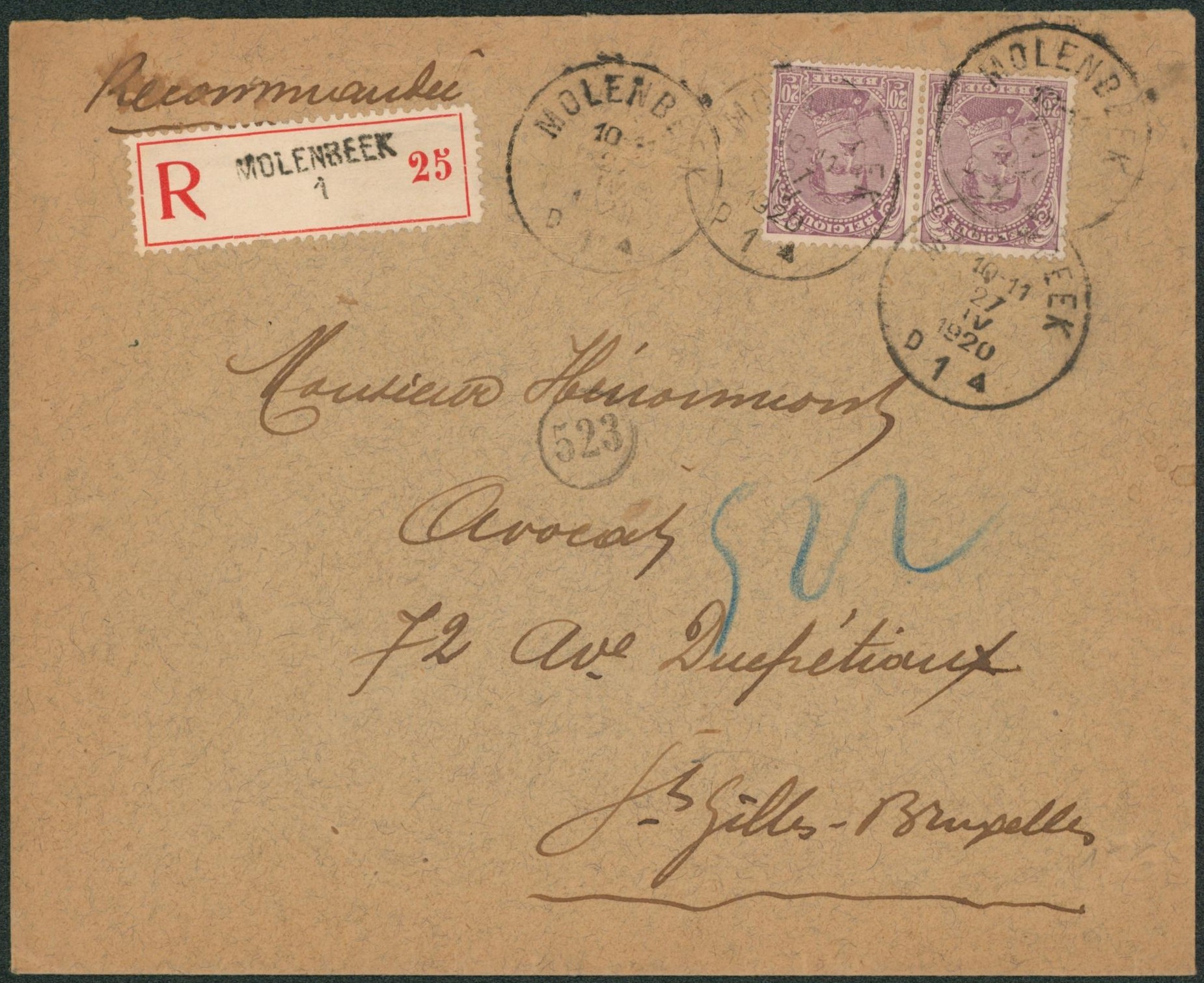 n°140 en paire sur lettre en recommandé de Molenbeek > St-Gilles-Bruxelles
