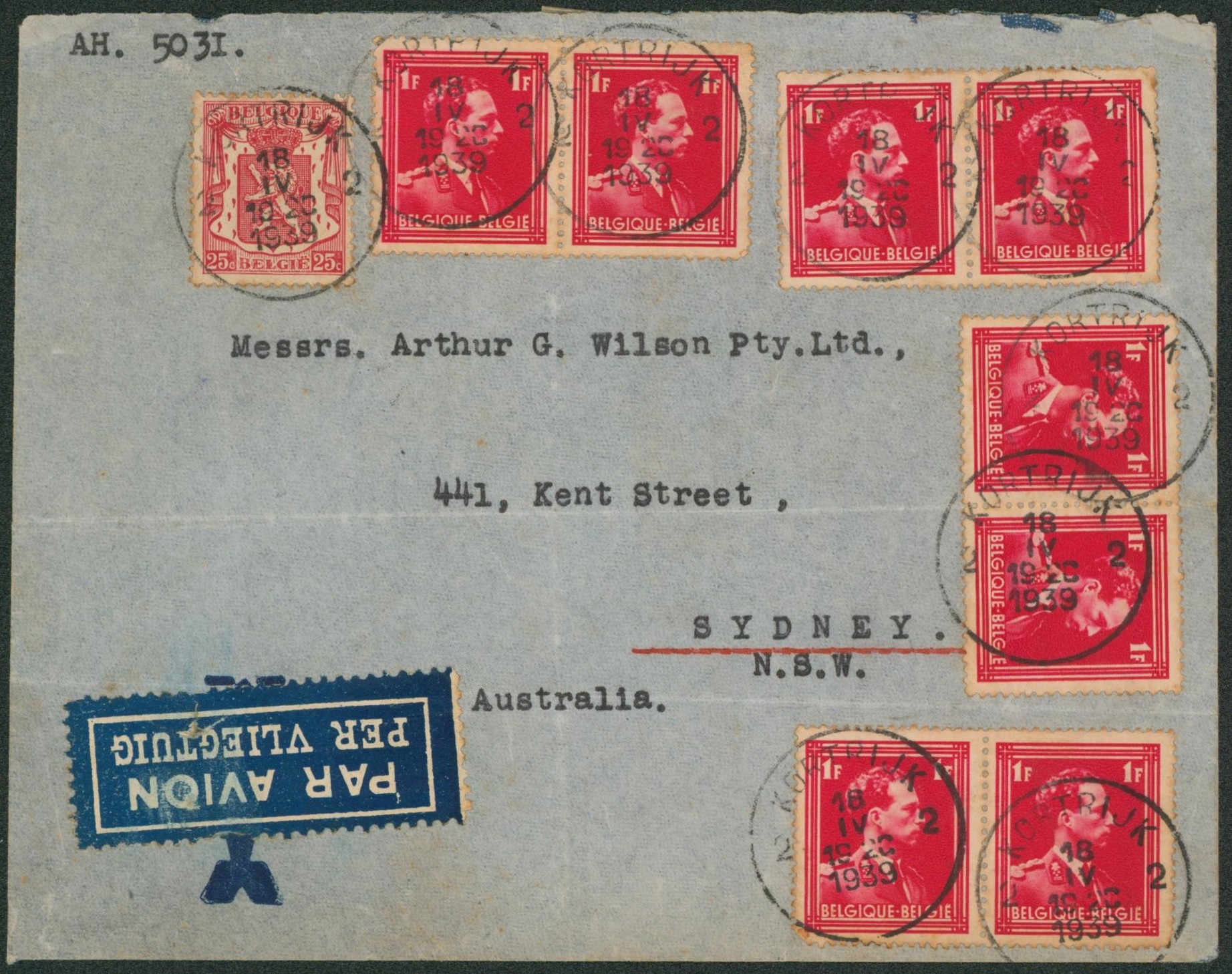 n°428 x8 et 423 sur lettre par avion de Kortrijk > Sydney (Austalia)