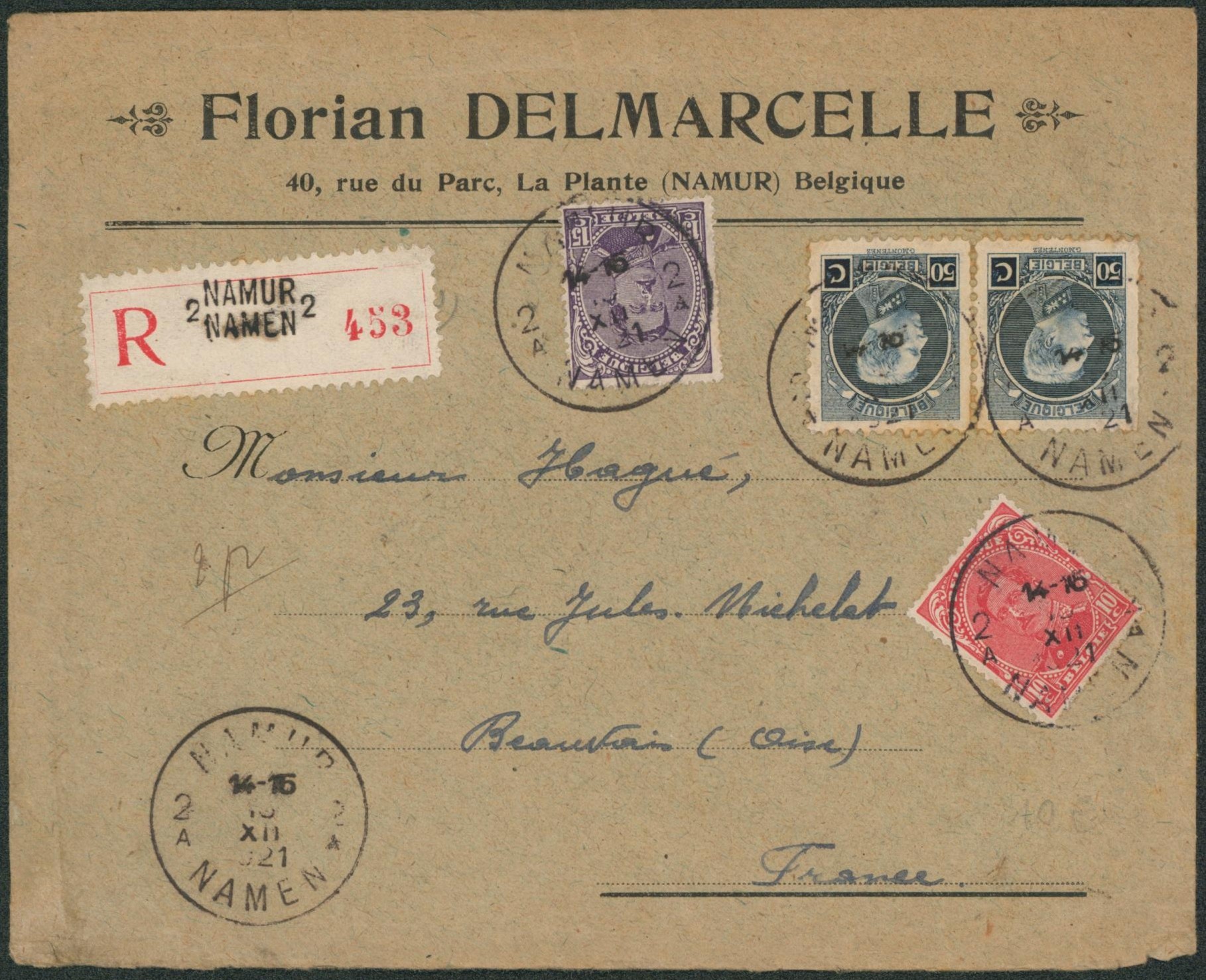 n°138, 139 et 211 x2 sur lettre en recommandé de Namur / Namen > Beauvain (France)