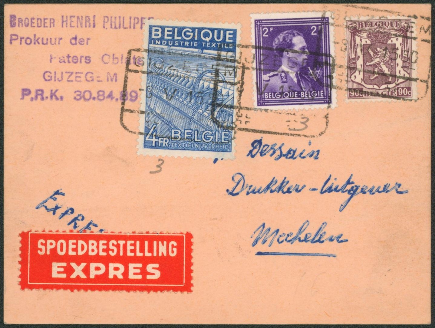 Affranch. Mixte sur carte manuscrite en expres obl chemin de fer "Gijzegem" > Mechelen