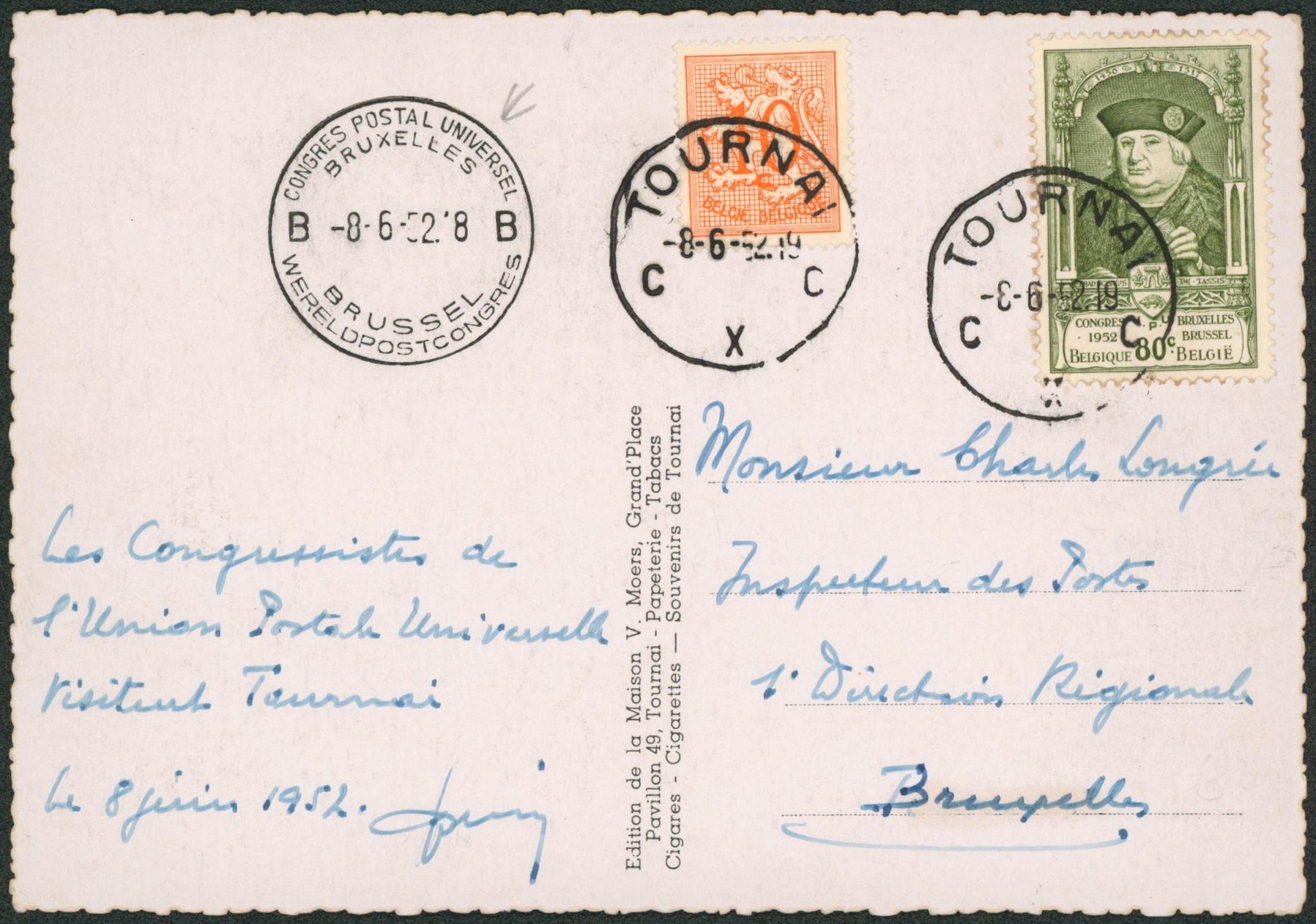 affranch. Mixte (UPU) expédié de Tournai + cachet spécial "Congrès postal universel B" > Bruxelles