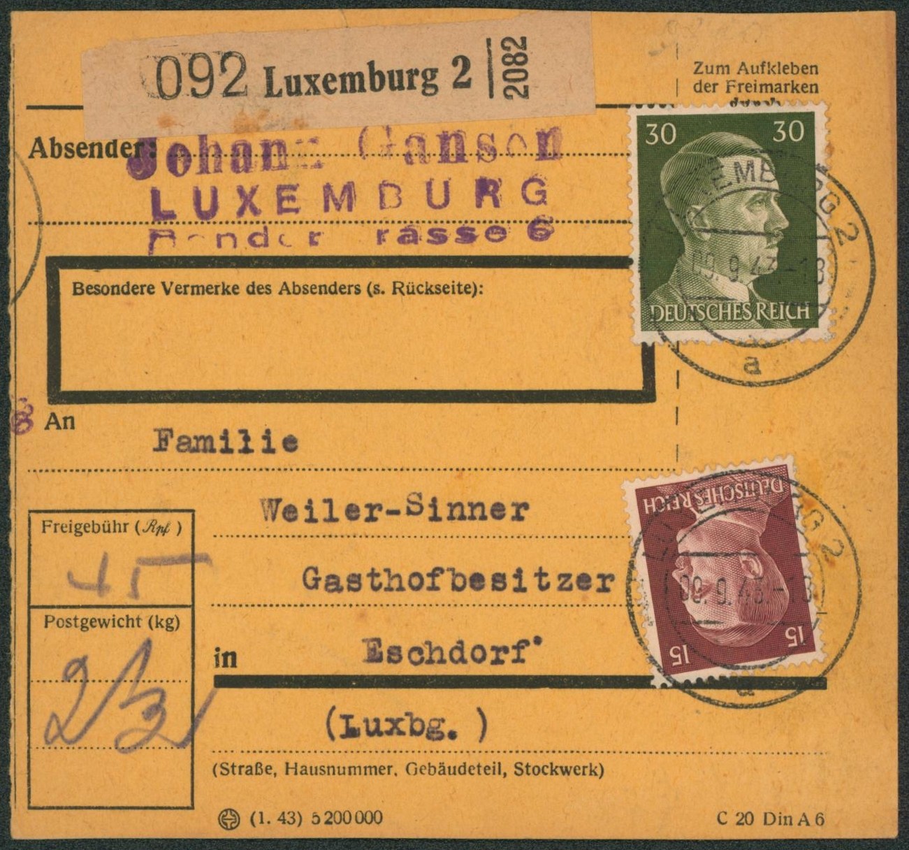 Occupation du Luxembourg (WW2, Allemagne) - affranch. Mixte sur bordereau d'envoi de Luxembourg 2 > Eschdorf