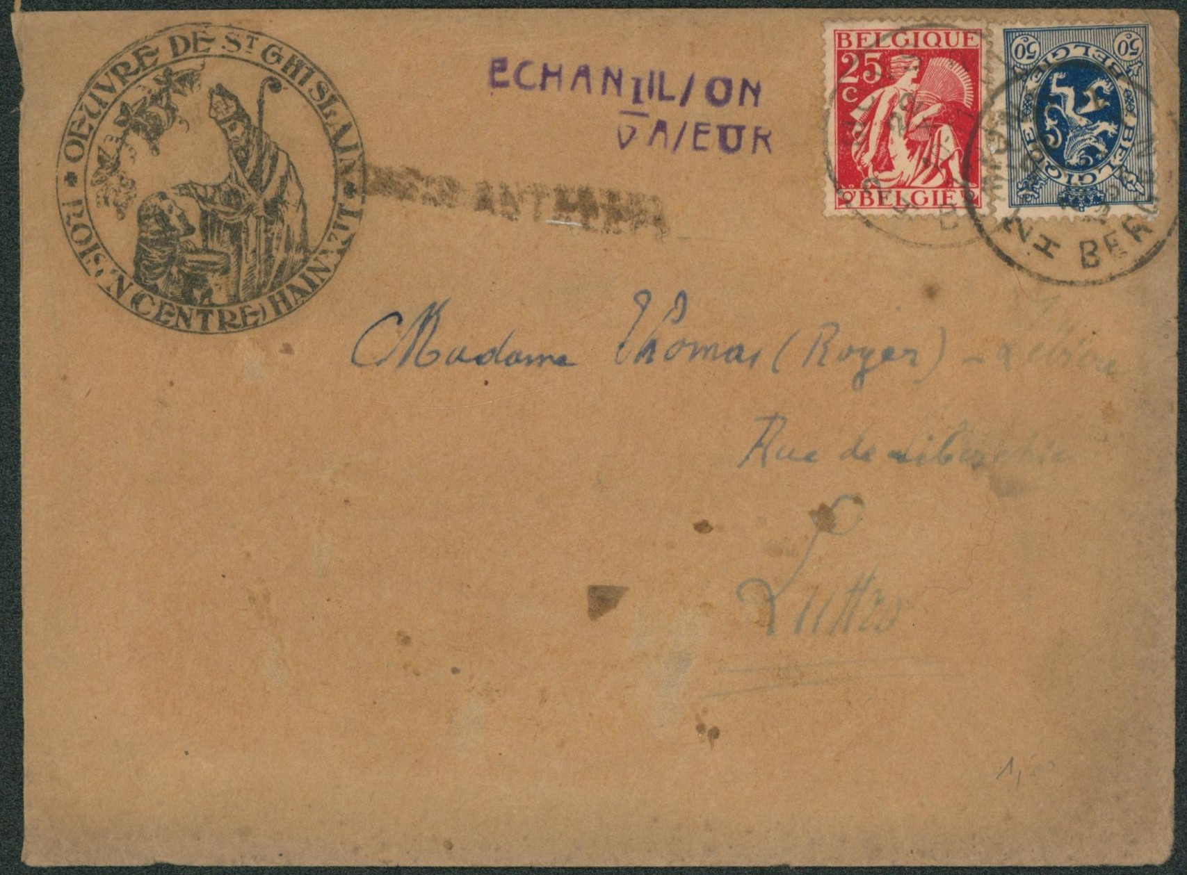 Affranch. Mixte (Cérès) sur lettre échantillon sans valeur (œuvre de st-ghislain) expédié de Mons > Luttre