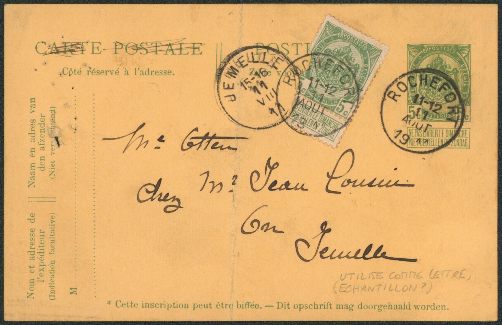 EP au type 5ctm vert + n°56 (sans texte, propablement un objet attaché à l'objet expliquant le tarif) expédié de Rochefort > Jemelle / Pli.