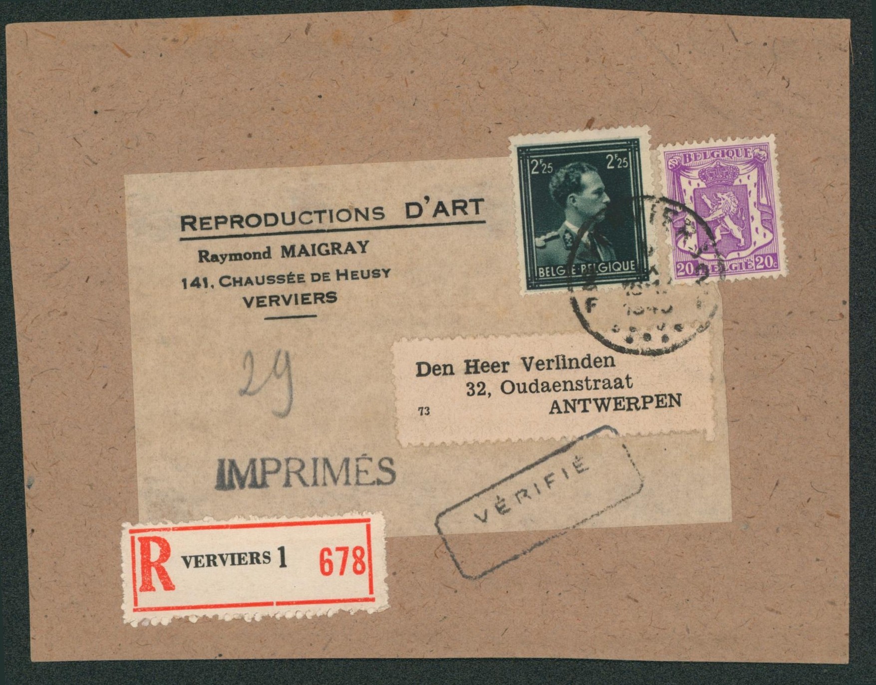 Affranch. Mixte sur DEVANT imprimé en recommandé de Verviers + griffe VERIFIE > Antwerpen.