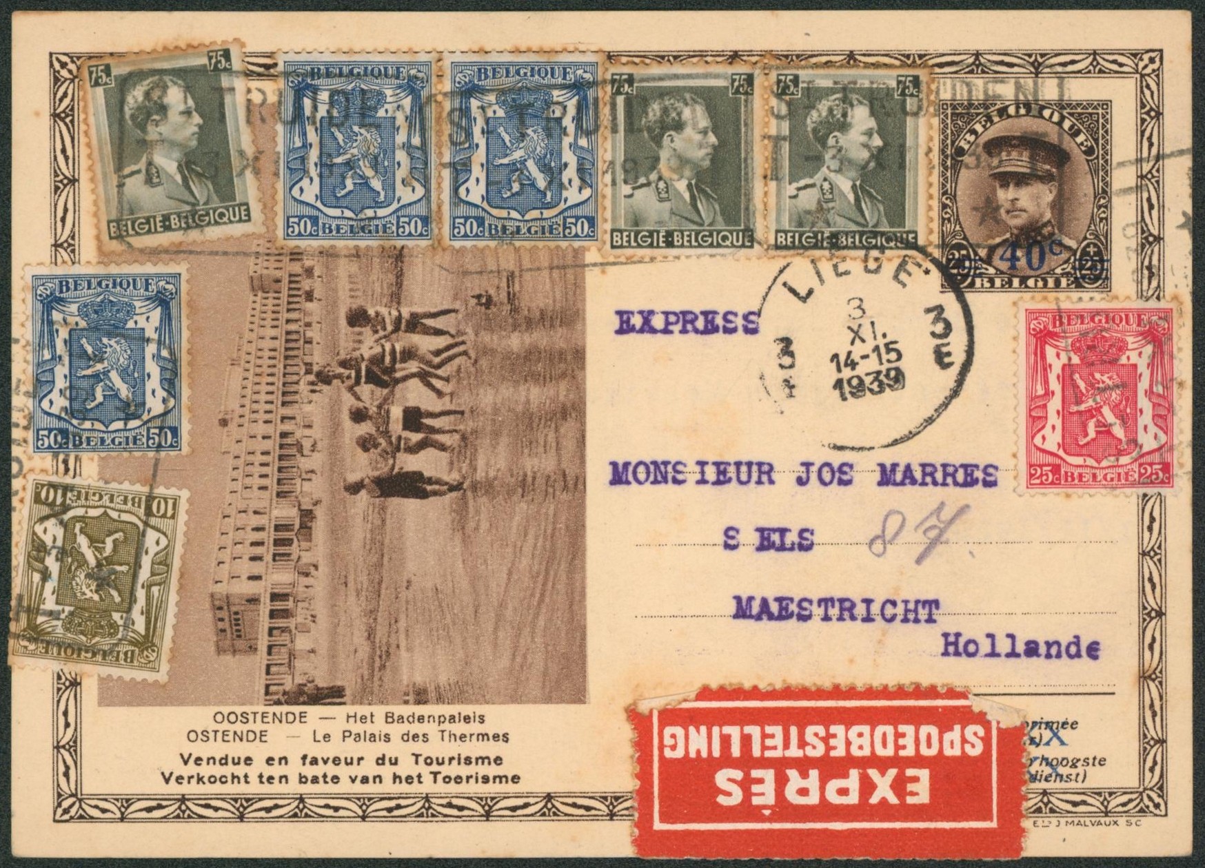 EP au type carte illustré 40C sur 25ctm brun Képi (Tourisme, Oostende) + affranch. Mixte en expres obl télégraphe-téléphone "St-truiden" > Maestricht (Hollande). TB !