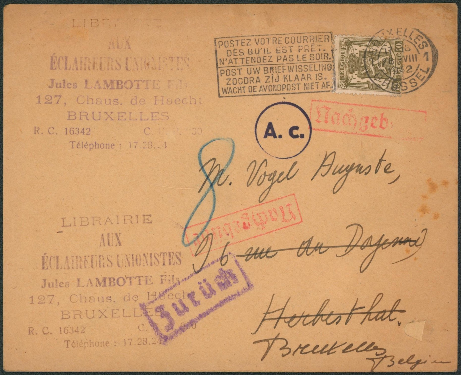 Petit sceau - n°420 sur lettre obl mécanique "Bruxelles / Brussel" (1942) + censure A.c. et griffe ZURUCK > Herbesthal (canton de l'est) suivi Bruxelles