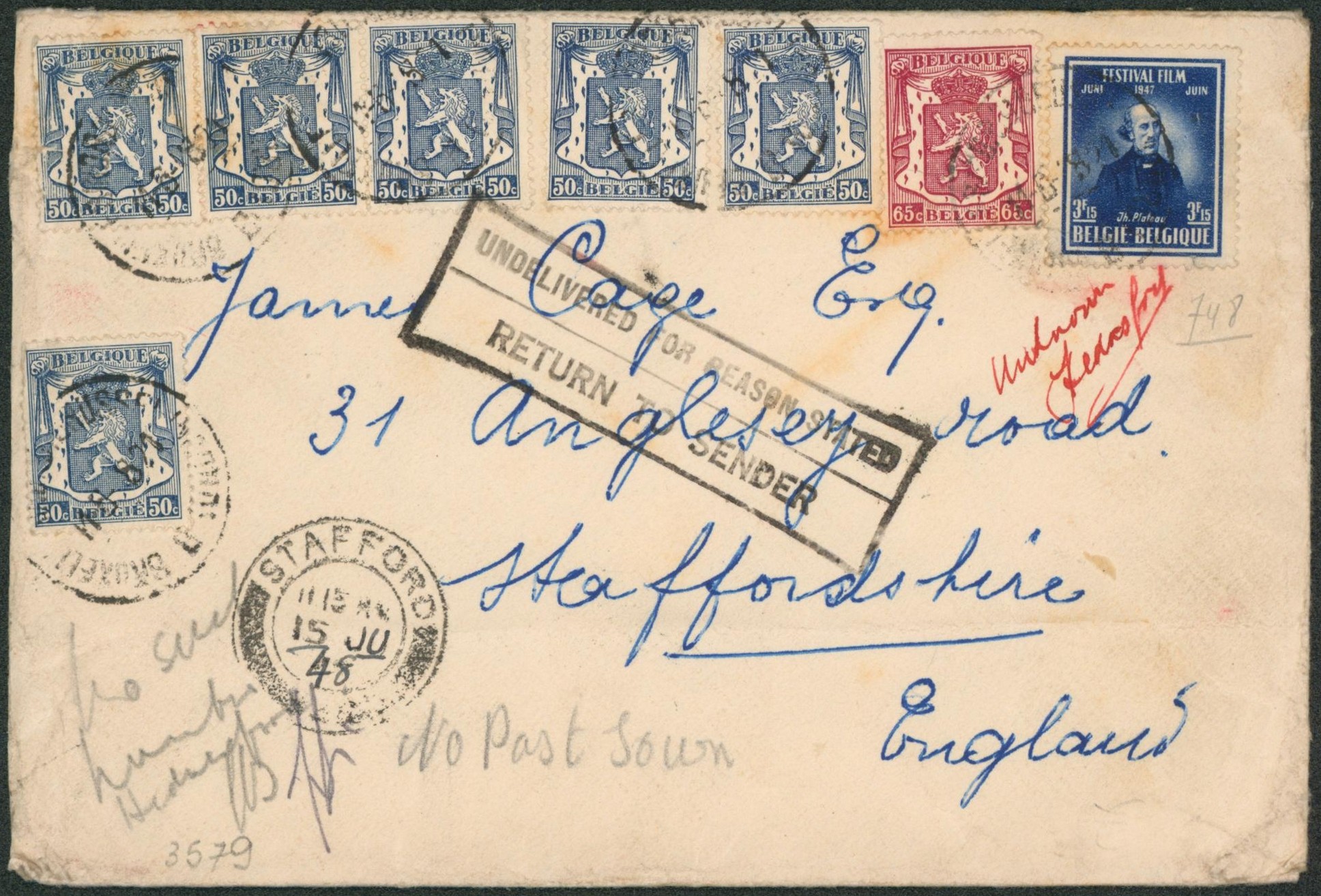affranch. Mixte sur lettre expédié de Bruxelles > Stafford (Angleterre) + griffe bilingue "Undelivered for season stated / Return to sender". Luxe