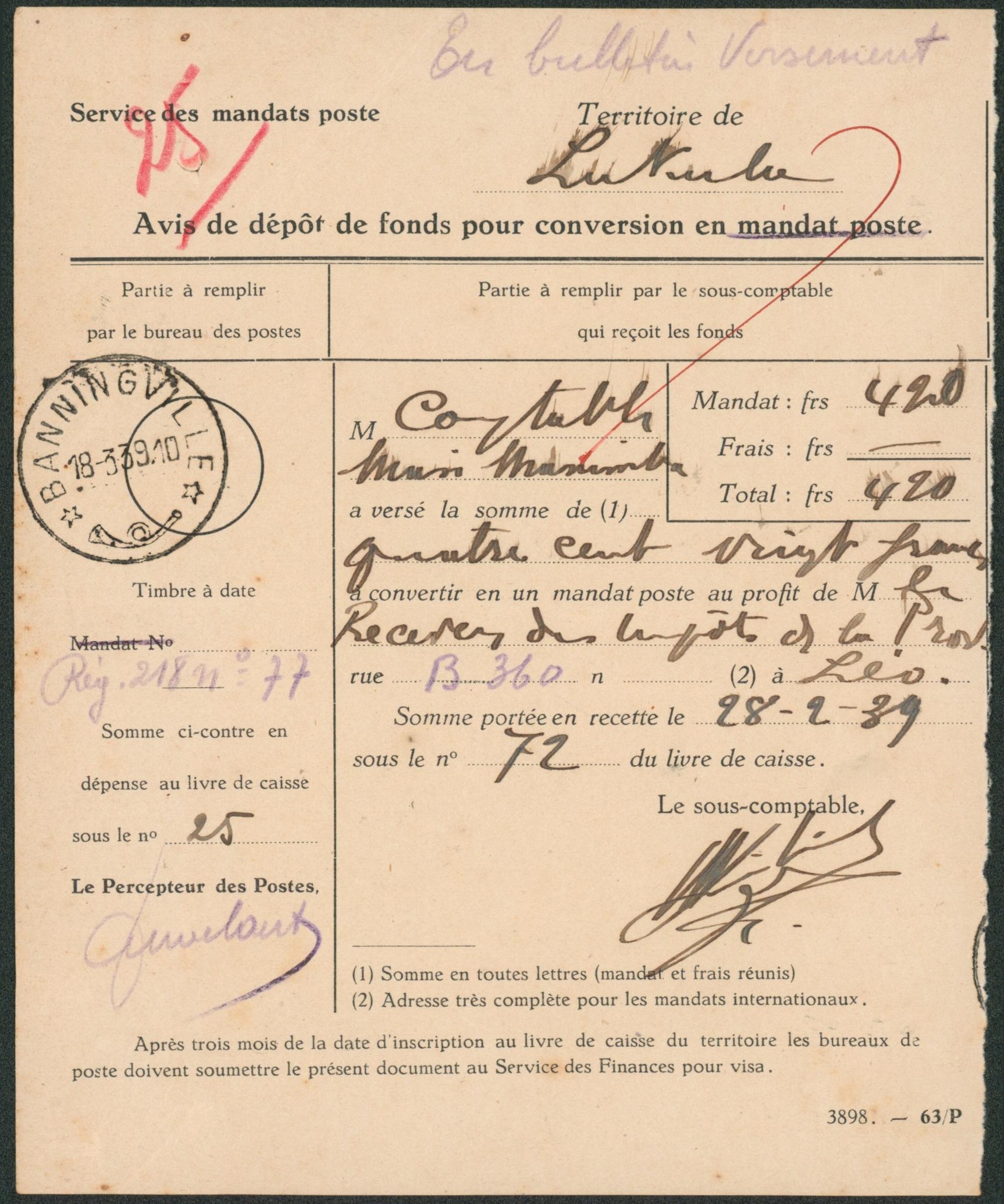 Congo Belge - Service des mandants poste avis de dépôt de fonds pour conversion en mandat poste (territoire Lukulu) obl à étoile "Baningville" (1939)